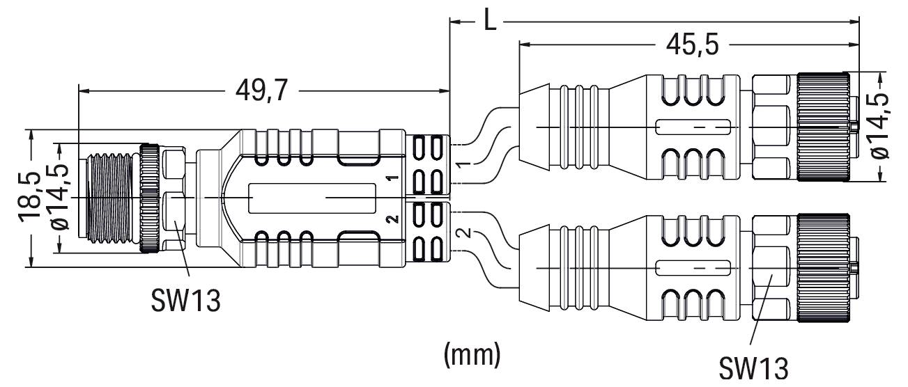 'Technisch diagram van een kabelconnector met metingen: 49,7 mm lengte, 14,5 mm diameter, SW13-grootte, met meerdere gedetailleerde koppelingen.'