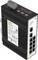 Industriële Ethernet-switch met meerdere poorten, LED-indicatoren en een voedingsconnector aan de bovenkant. Modelnummer en technische details zichtbaar.