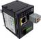 Een zwarte elektronische module met het label 'WAGO' met Ethernet- en SFP-poorten. LED-indicatoren voor voeding- en verbindingsstatus, draadklem aan de zijkant.