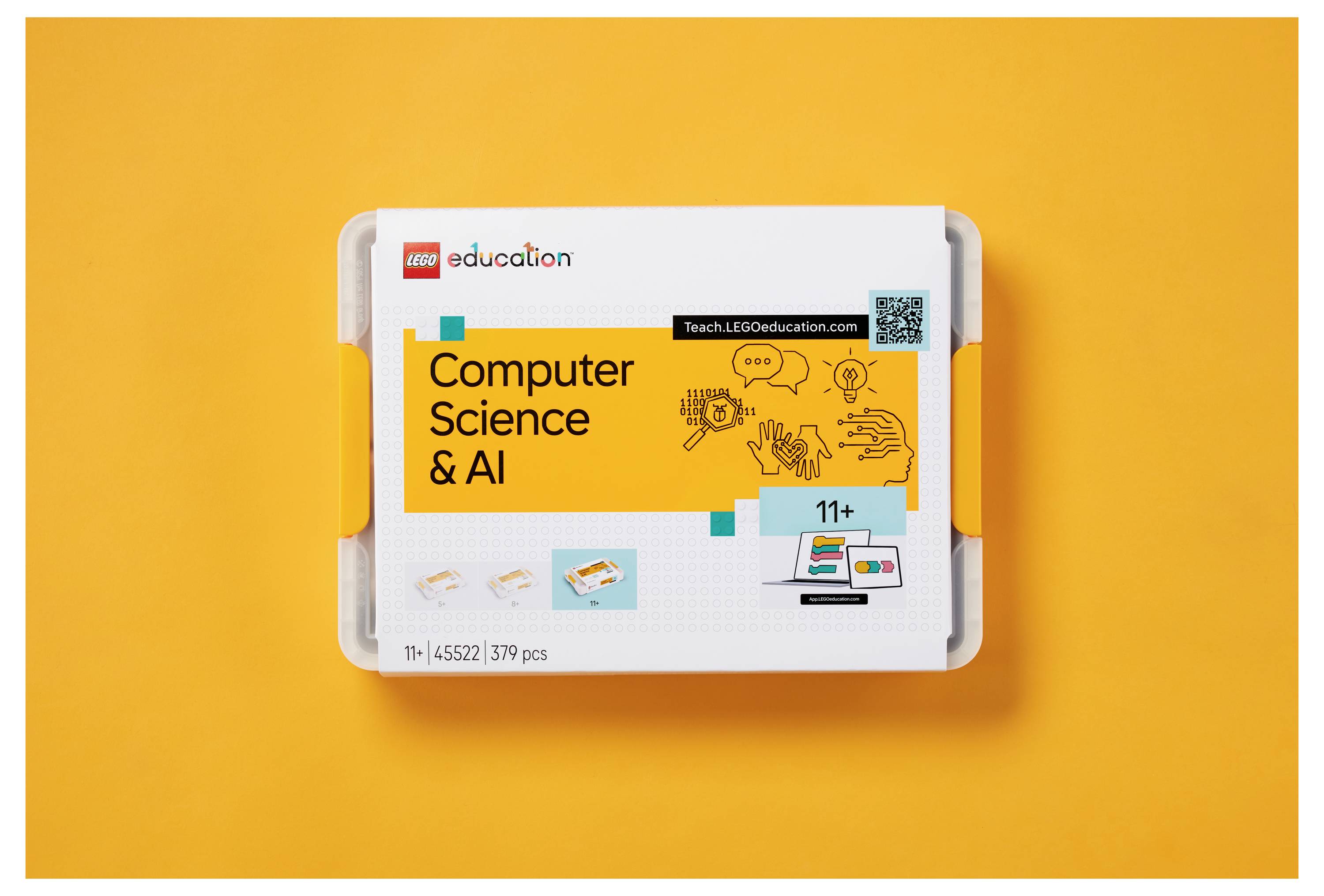 LEGO Education set met de titel 'Computer Science & AI', 379 onderdelen, voor leeftijd 11+, afgebeeld tegen een oranje achtergrond.