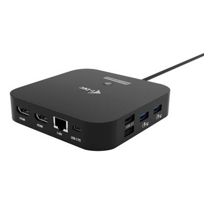 Een zwart apparaat met meerdere poorten, inclusief twee HDMI, LAN, USB-C, twee USB 3.0 en SD-kaartinvoer, gebruikt voor connectiviteit en gegevensoverdracht.