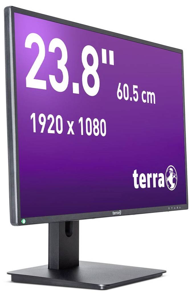 'Beeldscherm met een grootte van 23,8 inch of 60,5 cm, resolutie 1920 x 1080, met het merklogo 'terra' zichtbaar op een paarse achtergrond.'