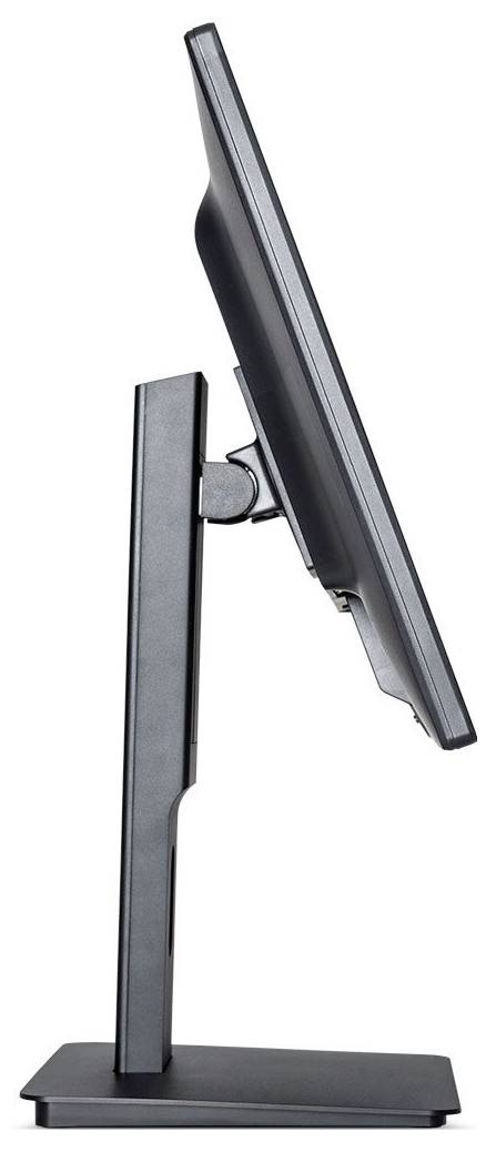 Een zijaanzicht van een zwarte computermonitor op een standaard, met daarop zijn slanke profiel en verstelbare kantelaarfunctie.