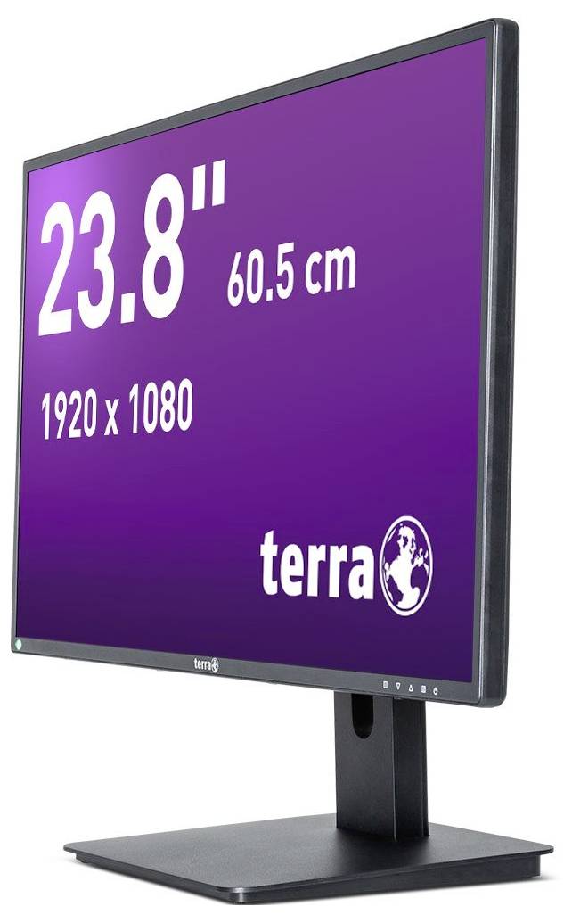 Monitor waarop '23.8" 60.5 cm, 1920 x 1080' op purper scherm wordt weergegeven, met 'terra' logo rechtsonder.