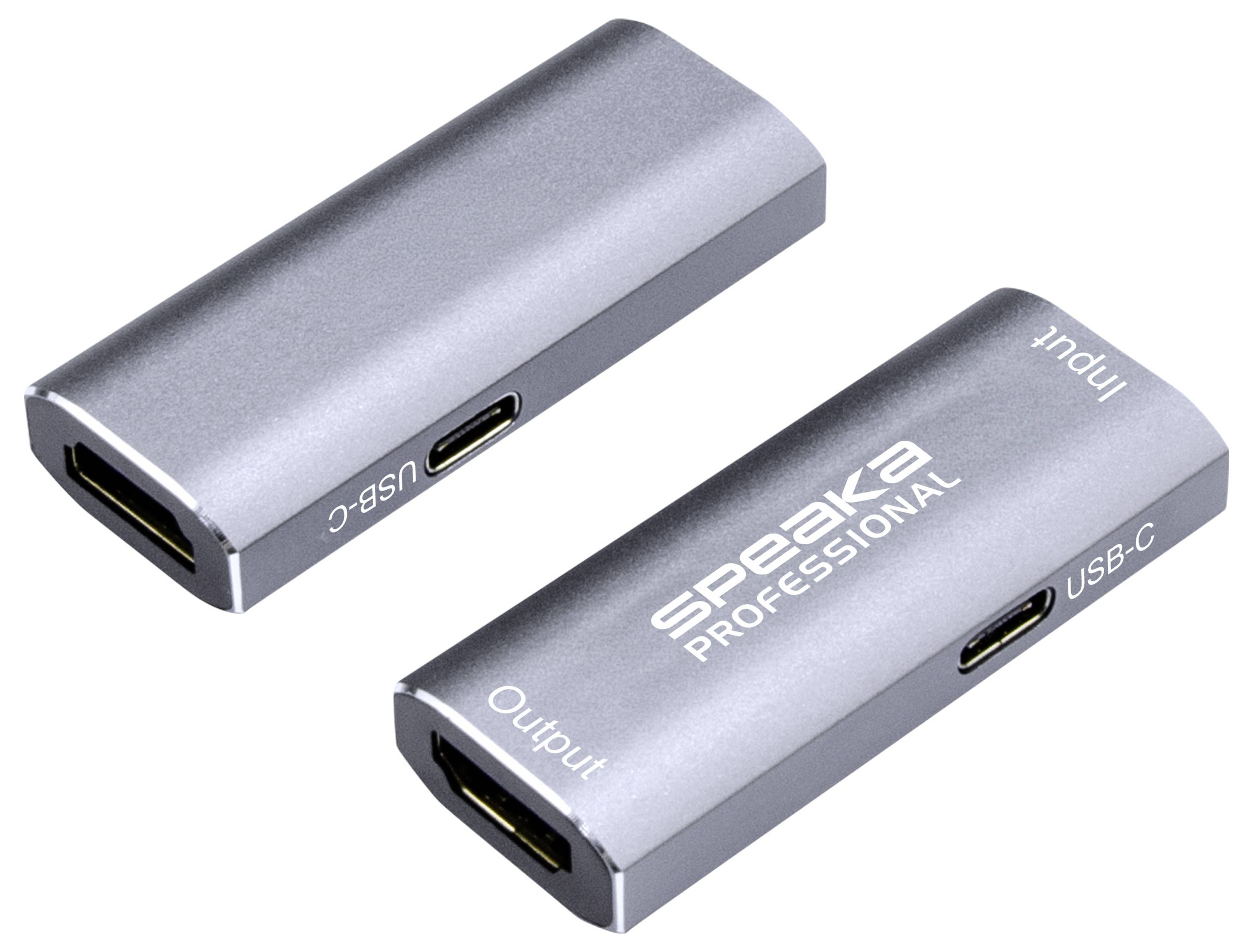 Twee zilveren USB-C naar HDMI-adapter dongles weergegeven op een witte achtergrond, gelabeld 'USB-C', 'Input', 'Output', en 'spreek professioneel'.