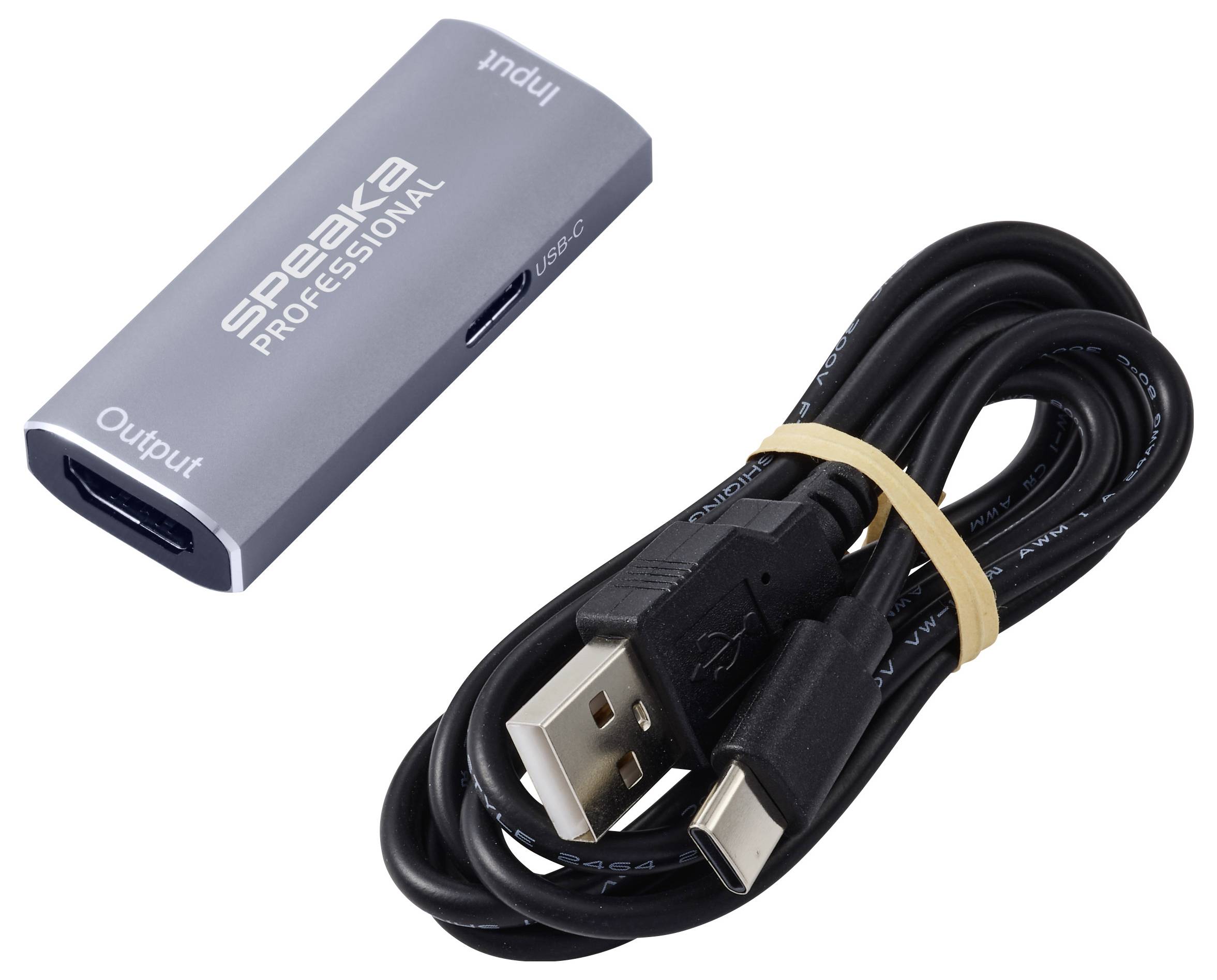 USB-C naar HDMI-adapter en een opgerold USB-kabel, weergegeven als afzonderlijke productonderdelen op een witte achtergrond.