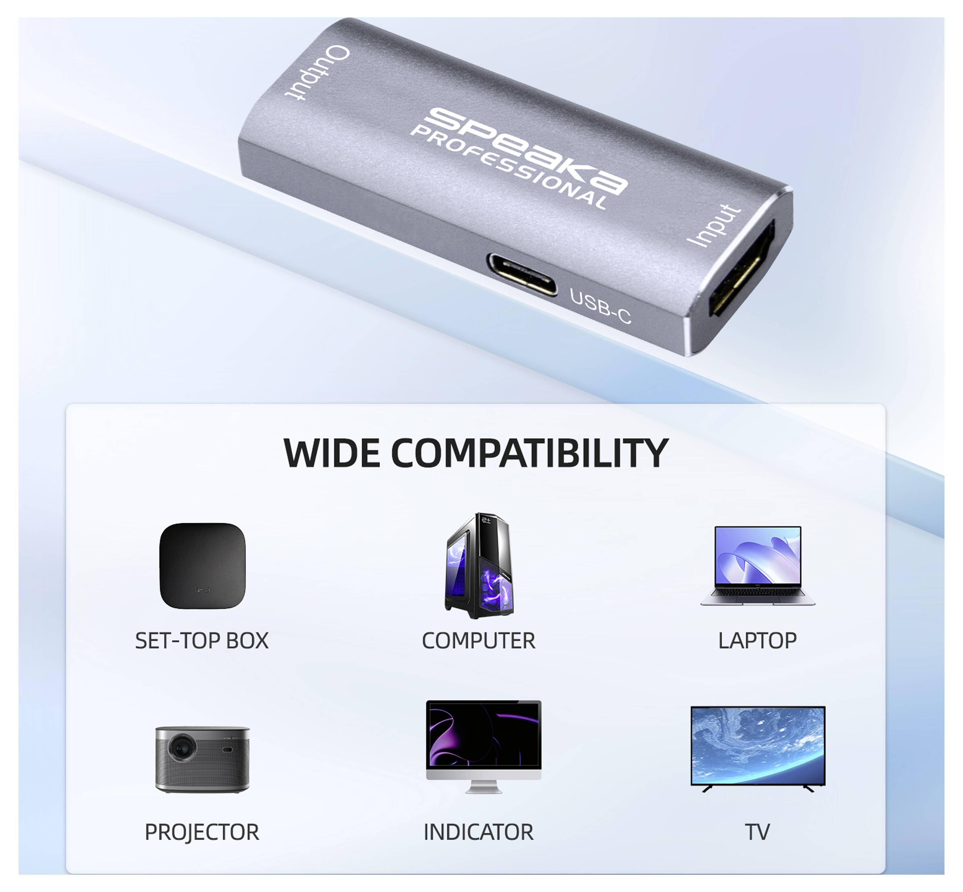 Grafiek met een USB-C 'SpeakPro Professional'-adapter en een paneel 'Brede Compatibiliteit' met een lijst voor gebruik met set-top box, computer, laptop, projector, indicator en tv.