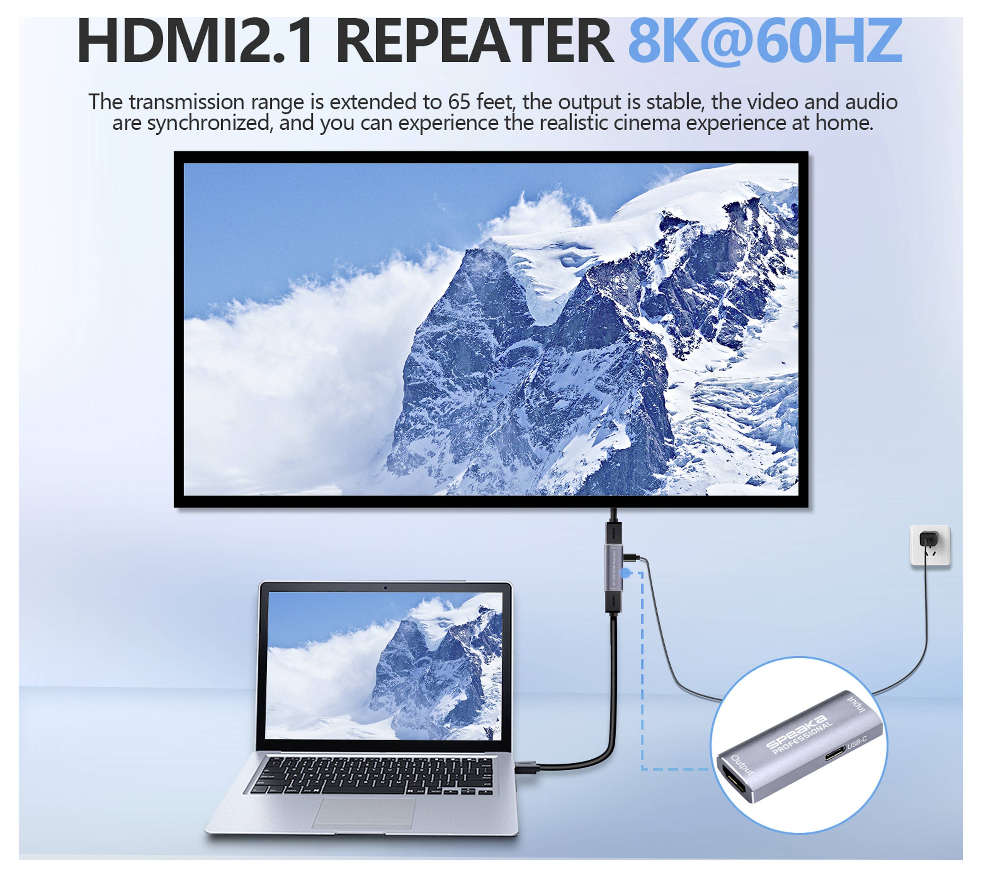 Promotiegrafiek voor een HDMI 2.1-versterker met het label '8K@60HZ', met een laptop verbonden met een grote televisie en een adapter, met tekst die een transmissie van 65 voet claimt, stabiele uitvoer en gesynchroniseerde audio/video.