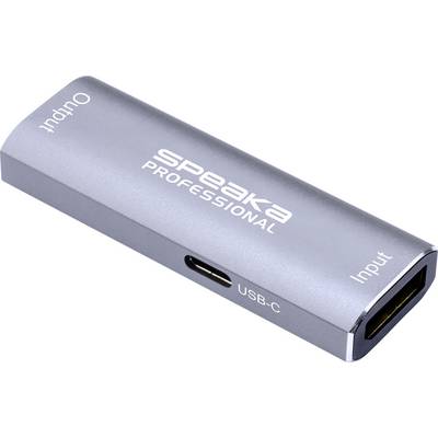 Silver SpeaKa Professionele USB-C adapter met gelabelde ingang, uitgang en USB-C poort op een witte achtergrond
