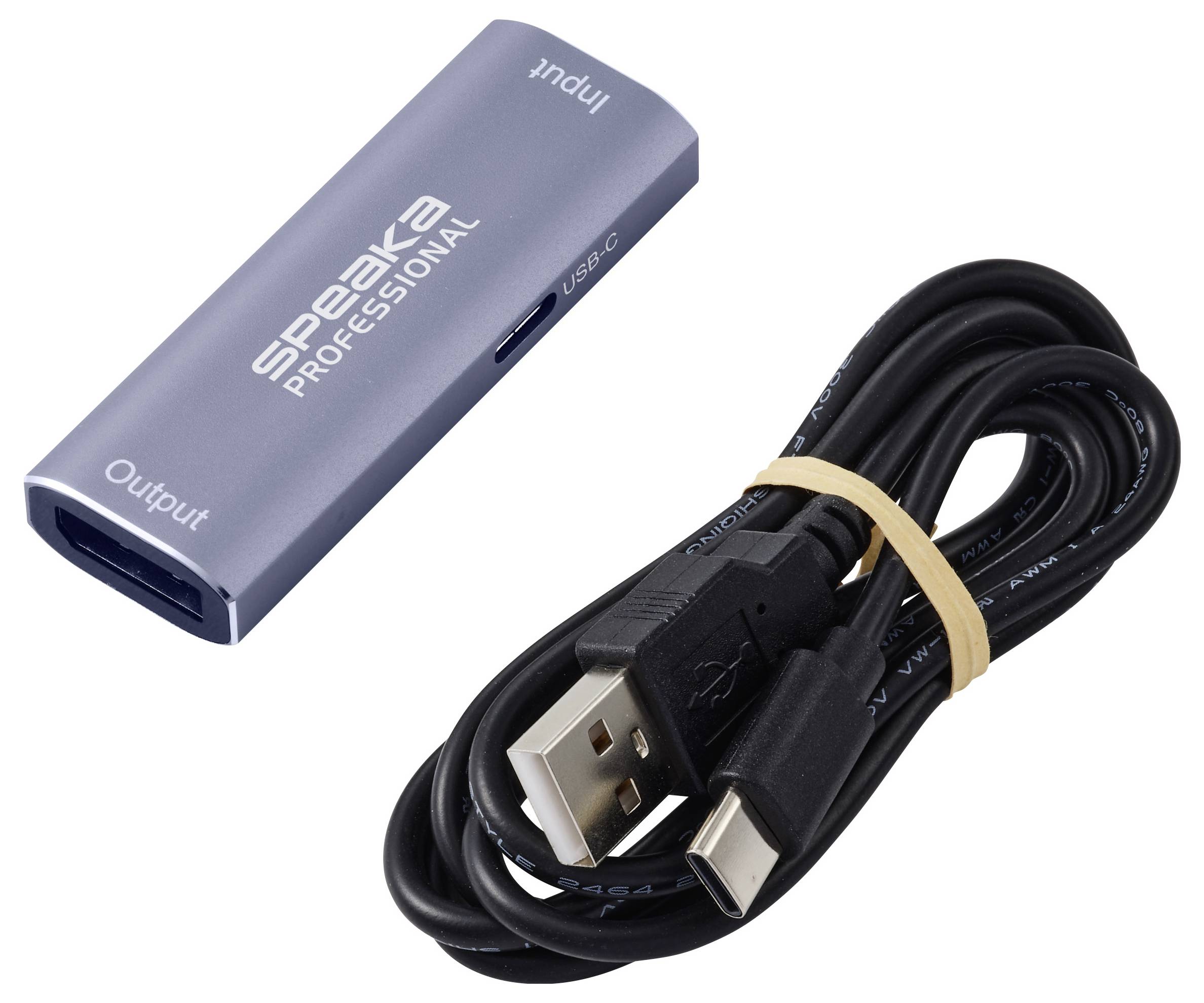 USB-C naar HDMI-adapter met het label 'spazon professional' met een bijgeleverde spiraalvormige USB-kabel op een witte achtergrond.