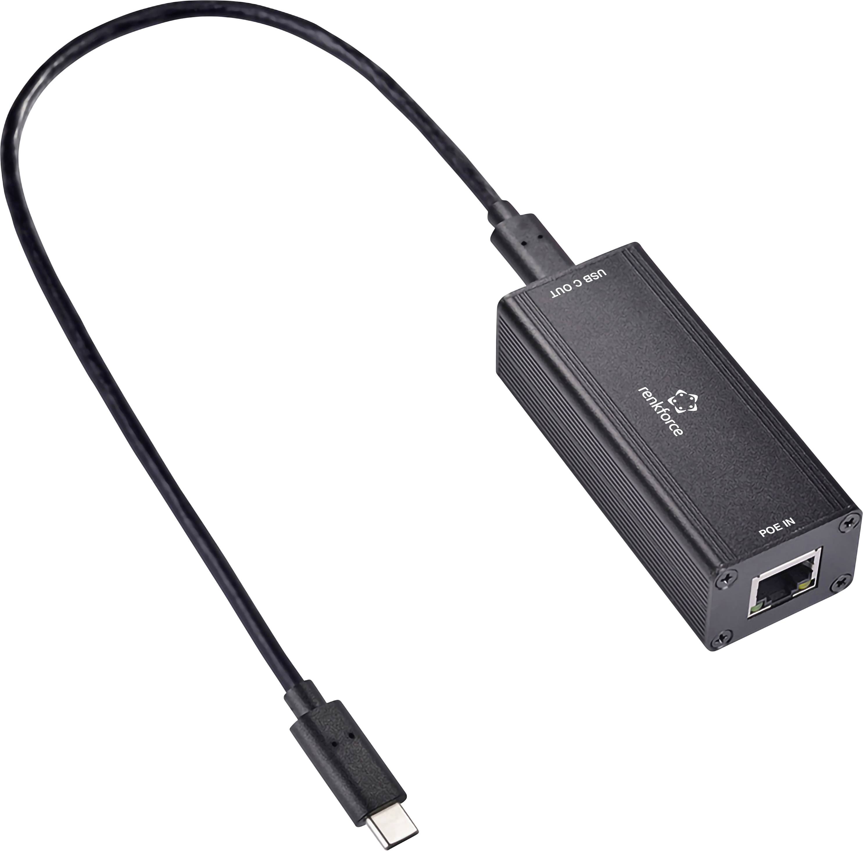 USB-C naar Ethernet PoE-injectorenadapter met aangesloten kabel en RJ45-netwerkpoort