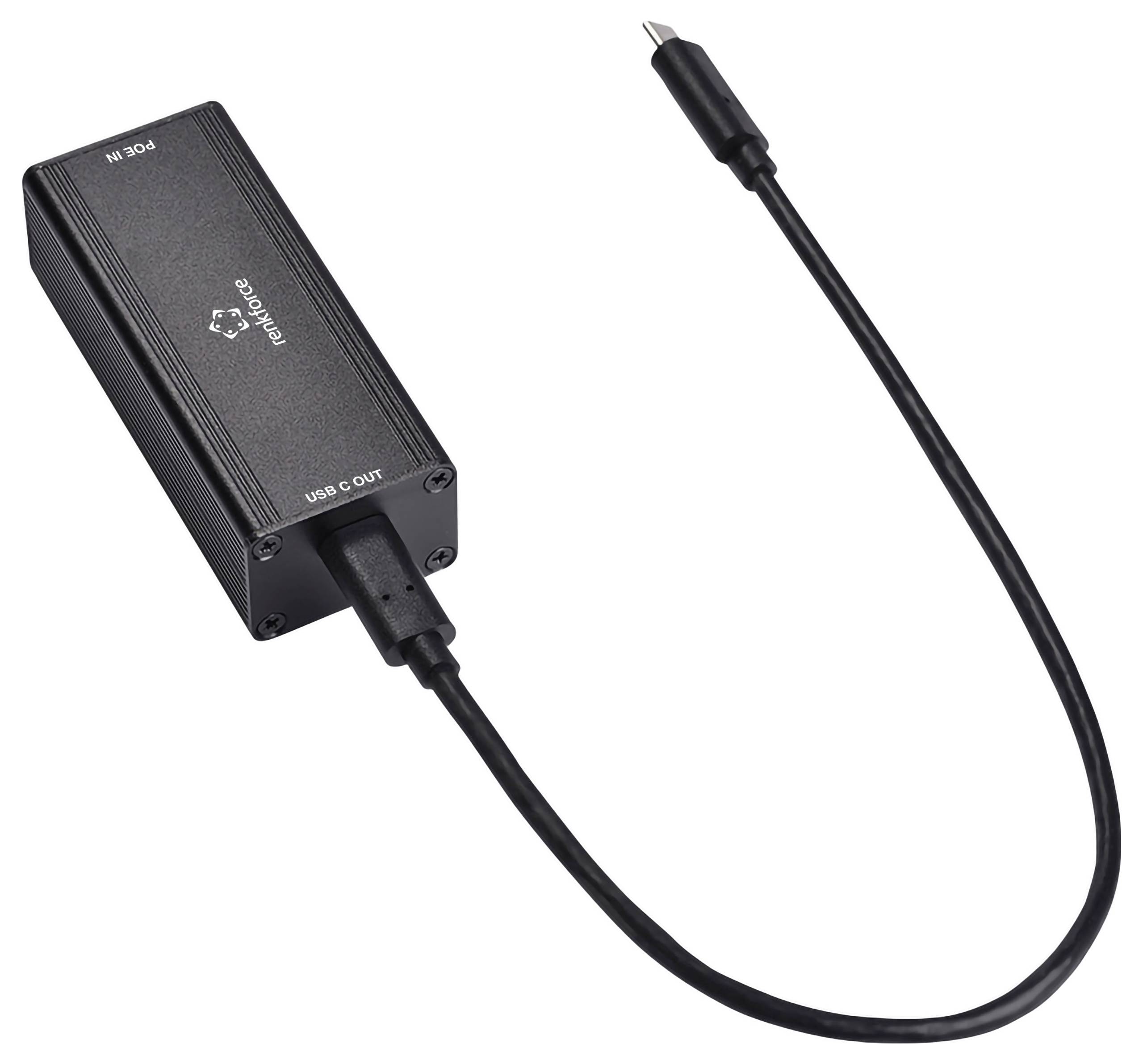 Zwarte USB-C stroomadapter met aangesloten kabel en connector, afgebeeld op een witte achtergrond.