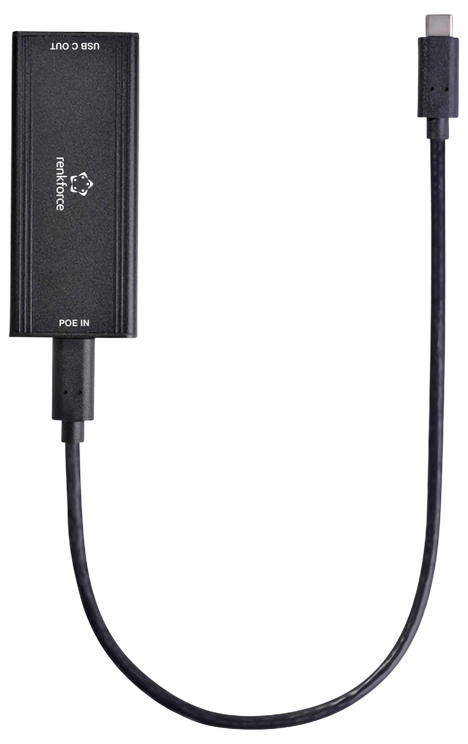 Zwarte USB-C naar PoE IN adapter dongle met aangebrachte kabel en USB-C stekker, weergegeven op een witte achtergrond.
