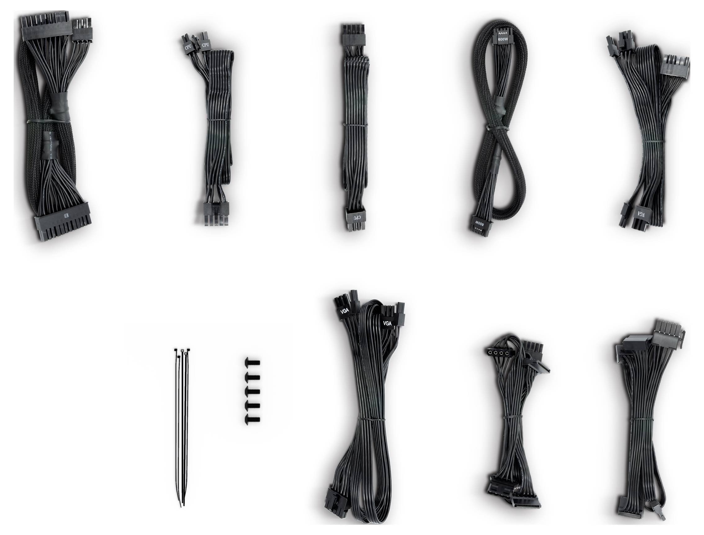Een set zwarte computerkabels inclusief verschillende stroomconnectoren, kabelbinders en schroeven netjes gerangschikt tegen een eenvoudige achtergrond.