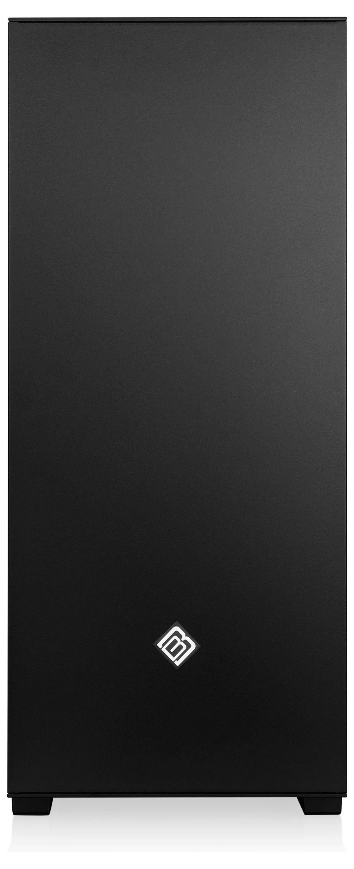 Een zwarte computerbehuizing met een minimalistische vormgeving en een klein geometrisch logo in het midden van het voorpaneel.