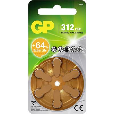 'GP 312 PR41 Gehoorapparaat Batterijen, +64% Extra Levensduur, 1,45V' verpakking bevat acht batterijen met pictogrammen die het gebruik en voordelen aangeven.