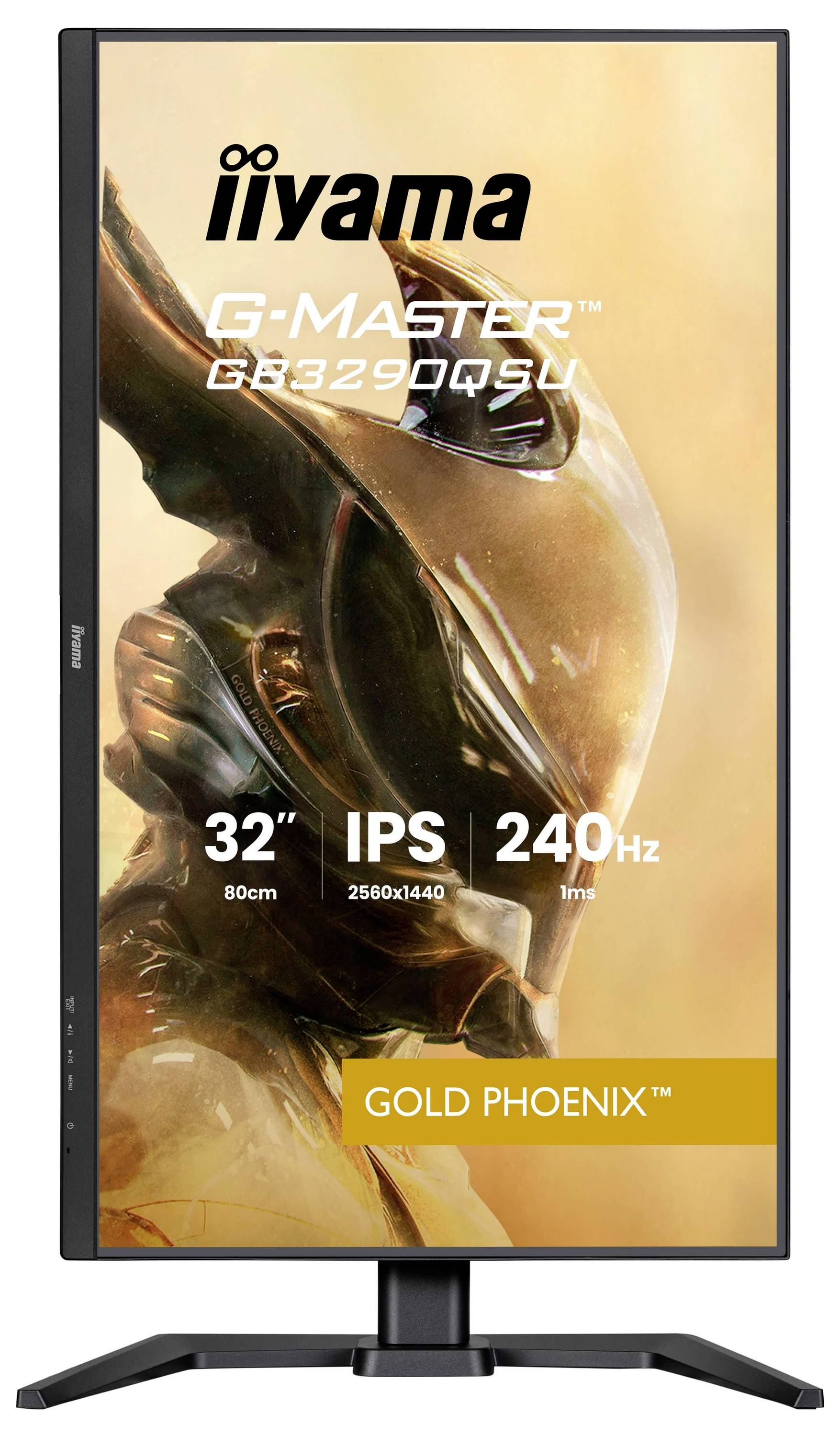 'G-Master GB329QSU 32" IPS 240Hz Gold Phoenix' gamingmonitor van Iiyama, met een futuristisch helmetontwerp op het scherm.