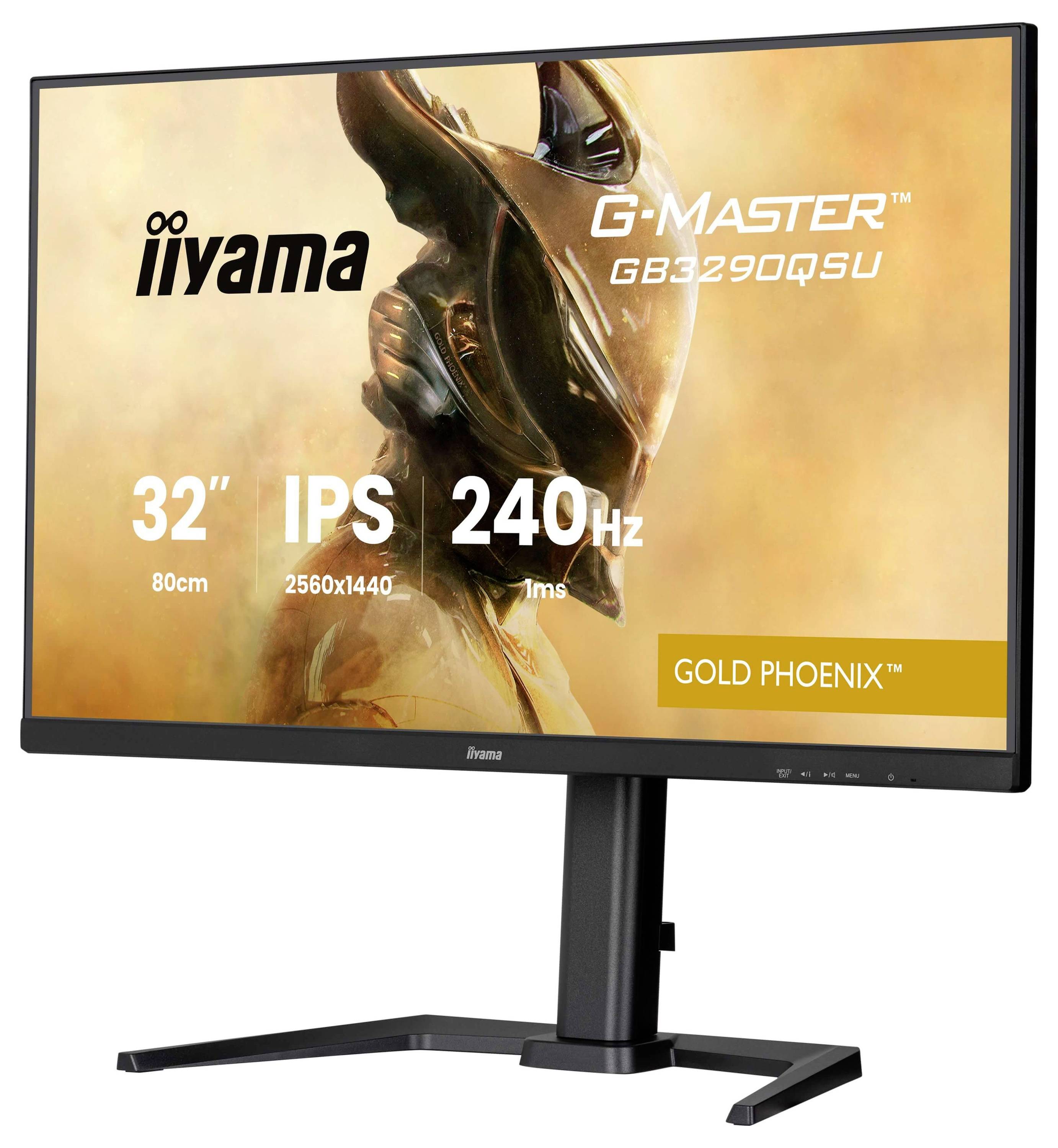 32-inch iiyama G-Master monitor met weergave van 'GOLD PHOENIX', waarbij de volgende functies worden gemarkeerd: 2560x1440 resolutie, IPS, 240Hz, en 1ms responstijd.
