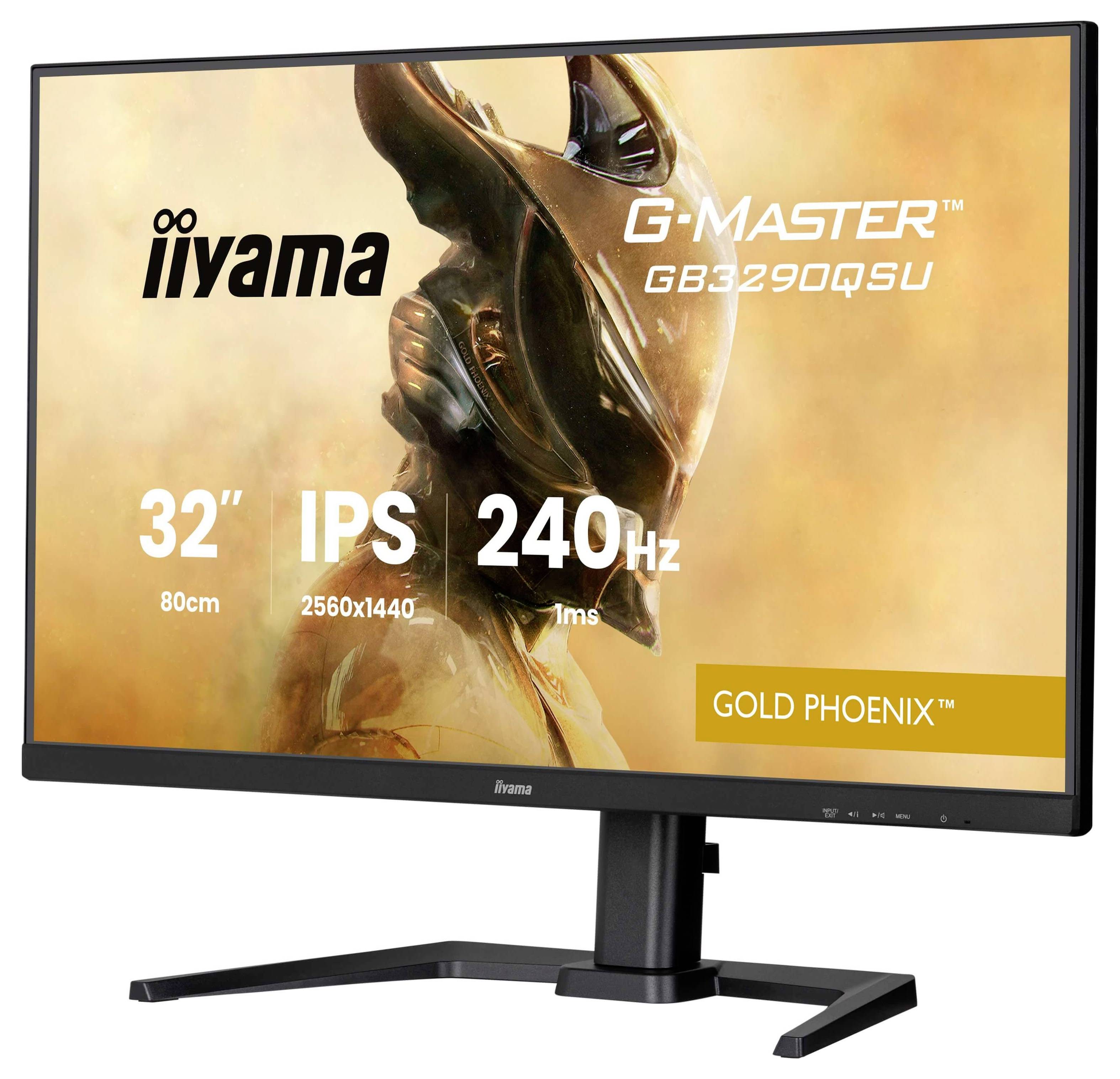 'Iiyama G-Master GB3290QSU' monitor, 32-inch, IPS, 2560x1440, 240Hz. Toont kunstwerk van een futuristisch gehelmd figuur op het scherm.