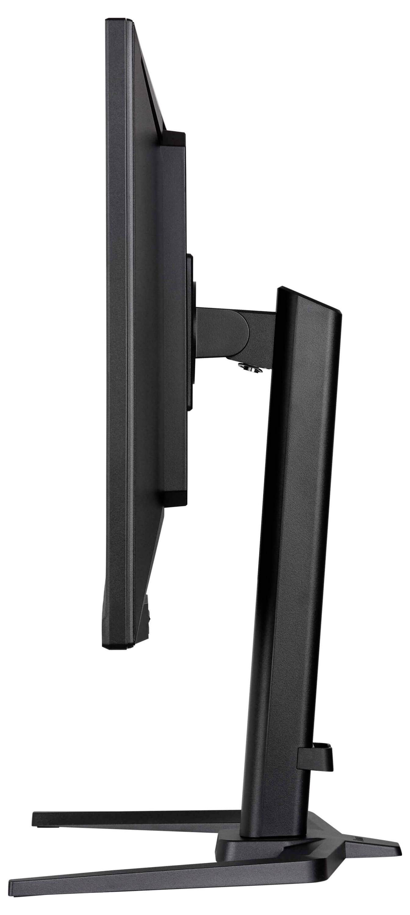 Zijkant van een slanke, zwarte computermonitor met een verstelbare standaard, die het elegante ontwerp en het smalle profiel uitlicht.