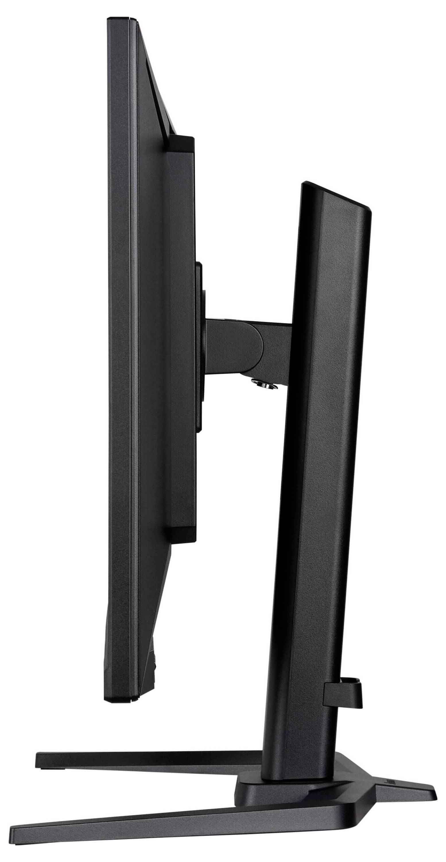 Een flatscreenmonitor van opzij bekeken, met zijn slanke profiel en verstelbare standaard.