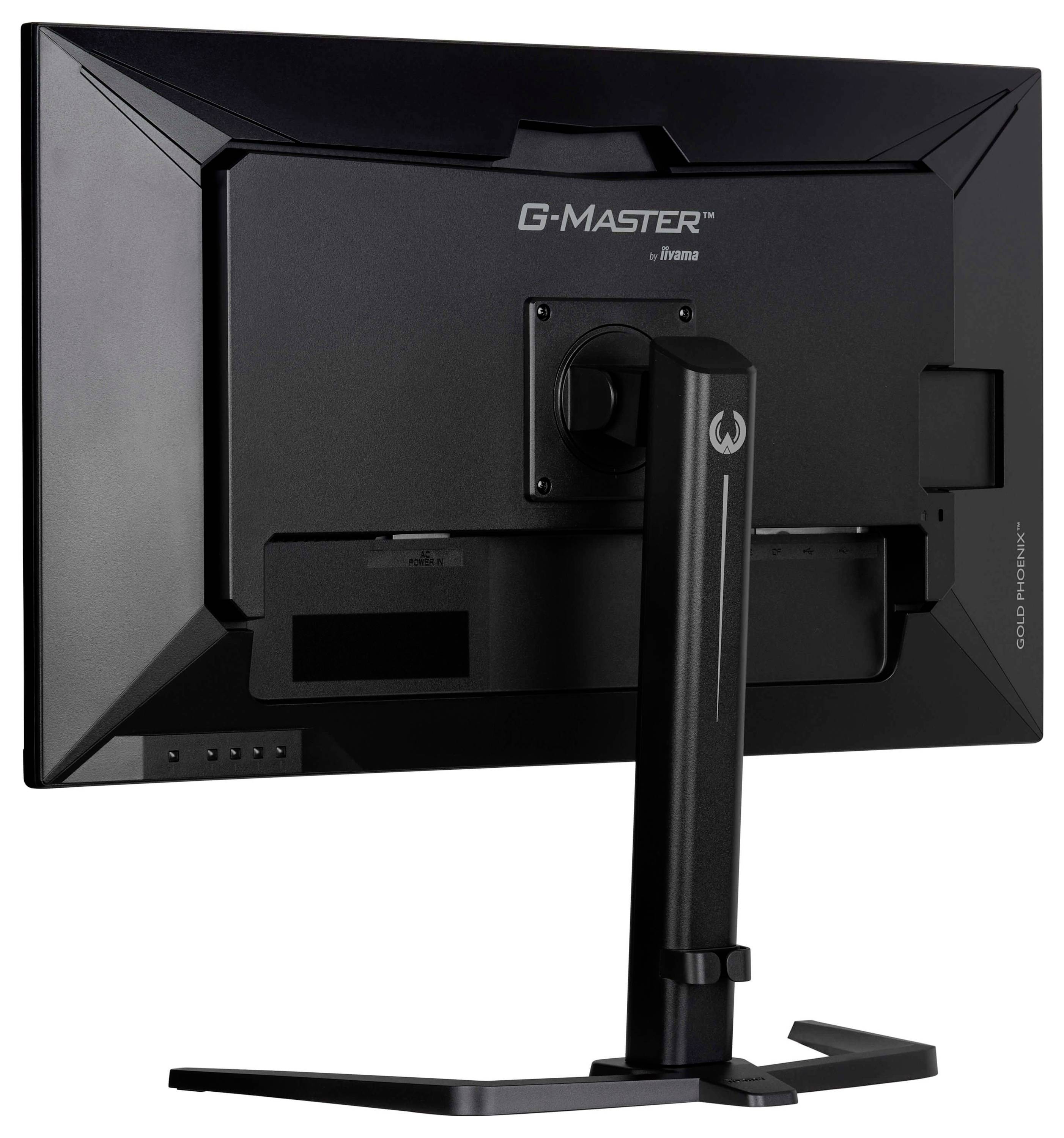 Een zwarte computermonitor van achteren gezien, met het merk 'G-Master' van iiyama, met een standaard en bedieningsknoppen zichtbaar.