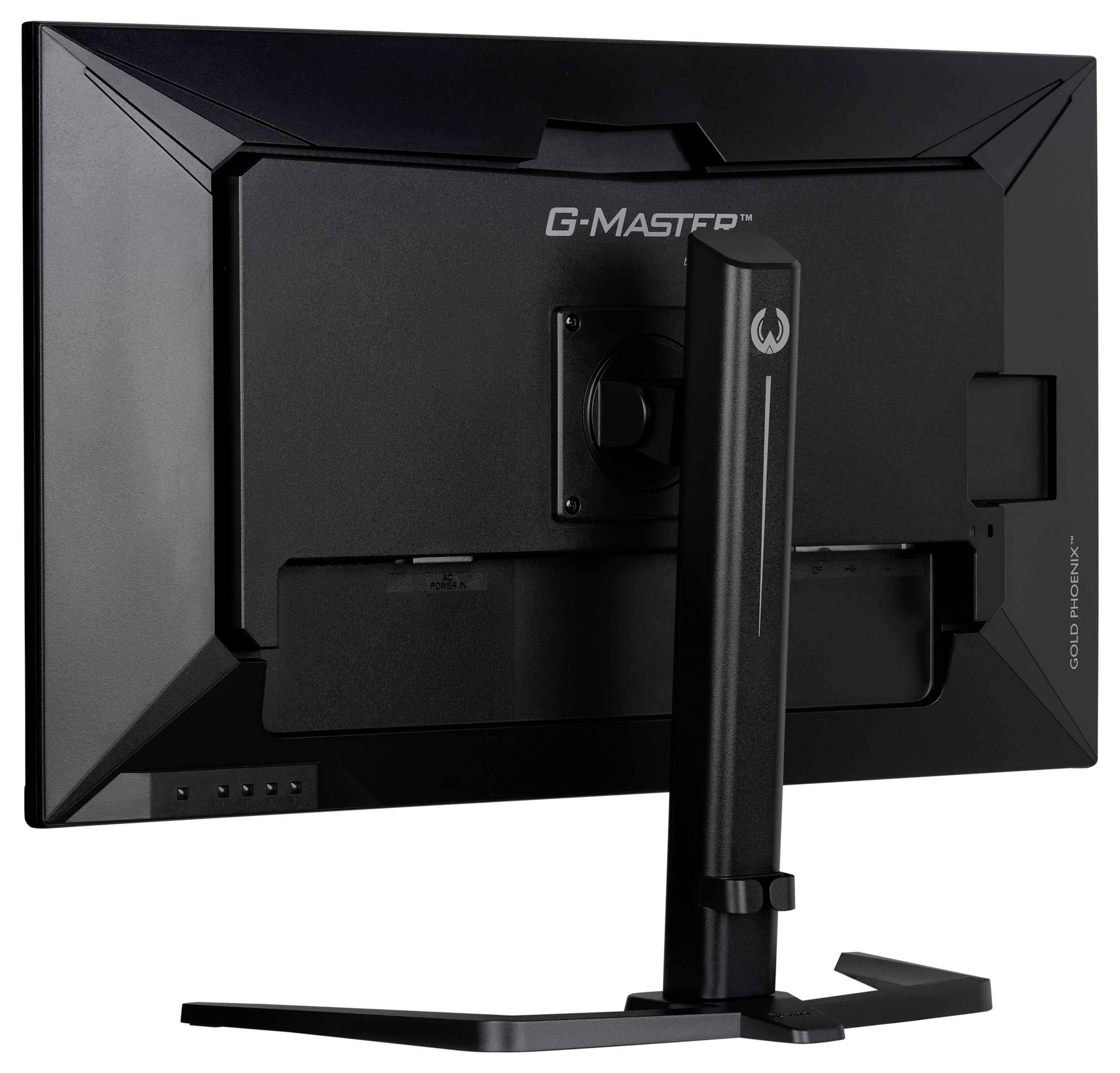 Achterzijde van een zwarte computermonitor met een stevig onderstel, met daarop het merk 'G-Master' en het model 'Gold Phoenix'.