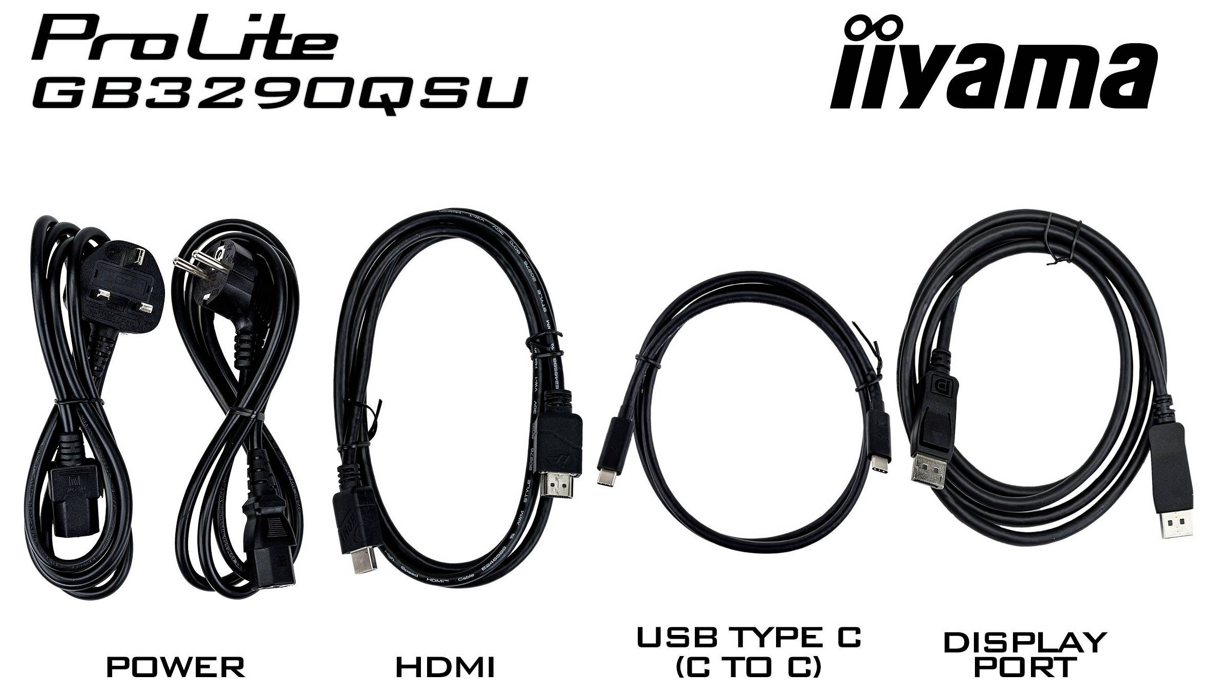 'Iiyama G-Master G2741HSU monitorkabels: stroomkabel, USB-kabel, HDMI-kabel, allemaal opgerold en gelabeld.'