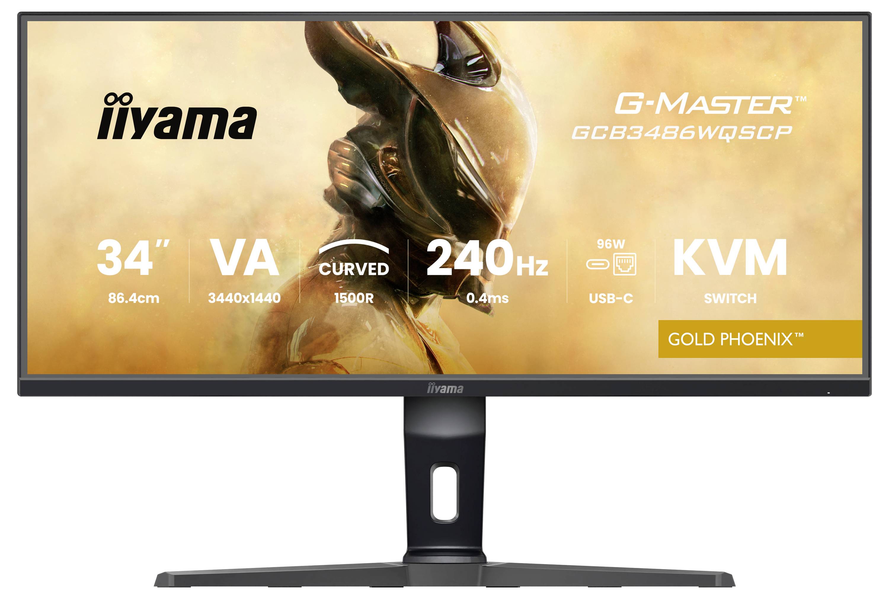 'Iiyama G-Master Gold Phoenix' 34-inch curved monitor, 3440x1440 resolutie, 240Hz verversingsfrequentie, VA-paneel, 0,4ms reactietijd, KVM-schakelaar.