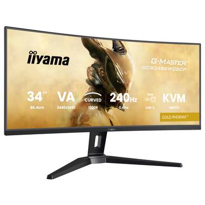 Een gekromde monitor met 34 inch scherm en 240Hz verversingsfrequentie. Beschikt over VA-display, 1440p-resolutie en KVM-schakelaarfunctionaliteit.