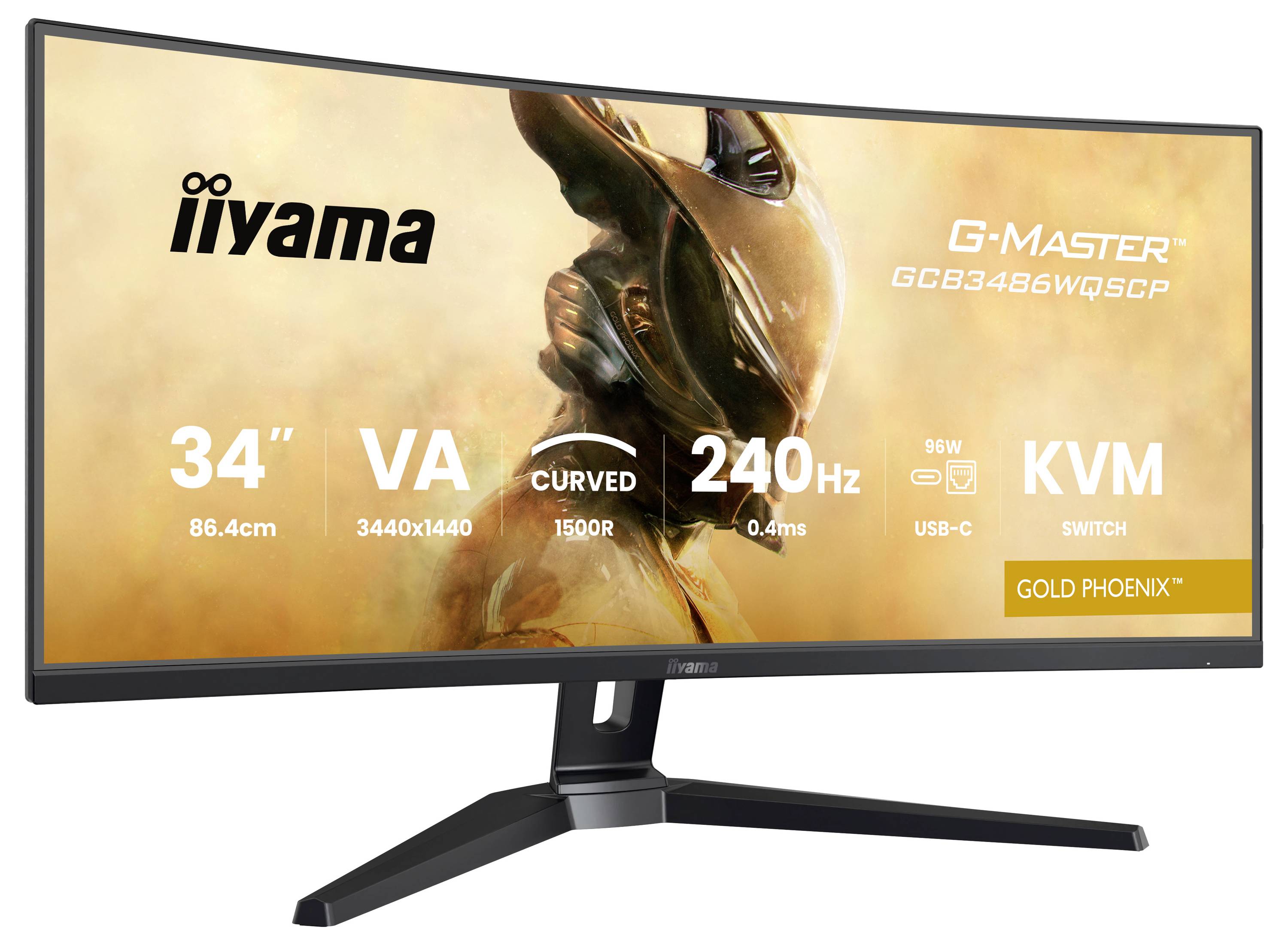 Een ultrabreedbeeldgekromde monitor met specificaties: 34" VA 3440x1440, 240Hz, 0,4ms, KVM-schakelaar, G-Master Gold Phoenix-model, weergegeven op het scherm.
