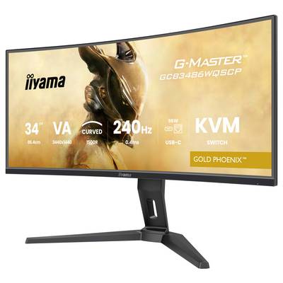 'iiyama G-Master GOLD PHOENIX monitor met 34-inch gekromd display, 3440x1440 resolutie, 240Hz verversingssnelheid en KVM-switch.'