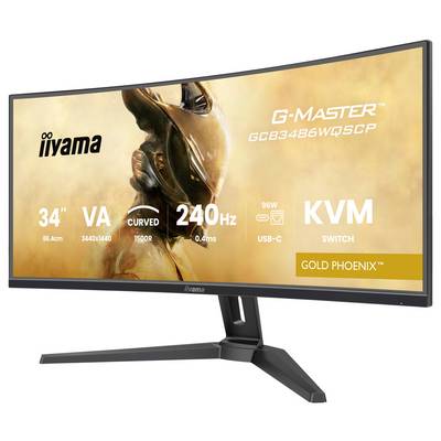 'Iiyama G-Master Gold Phoenix monitor, 34" gebogen, 3440x1440 resolutie, 240Hz, 0,4ms responstijd, VA-paneel, USB-C en KVM-switch.'