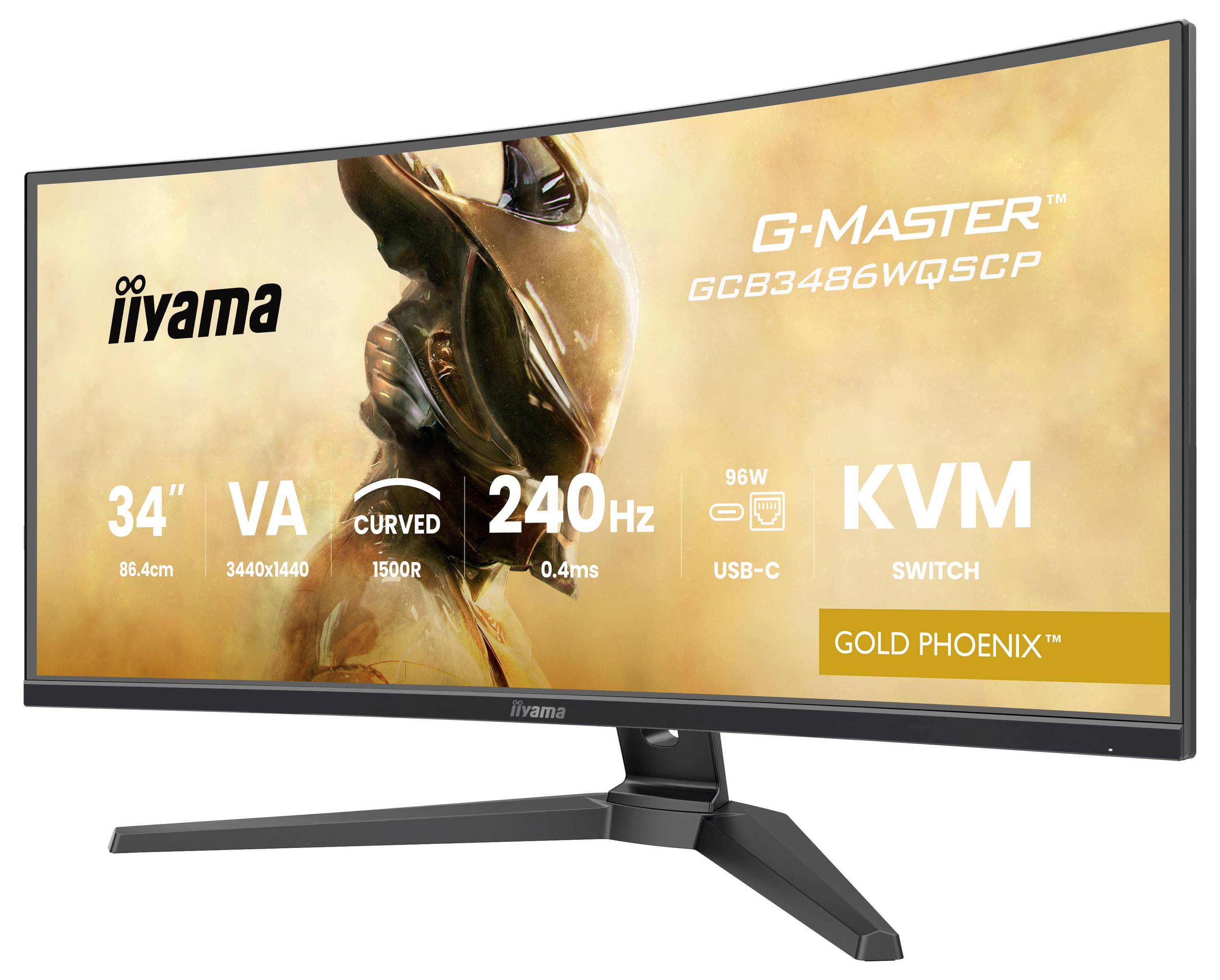 Breedbeeldgebogen monitor met specificaties: '34" VA 3440x1440 240Hz', model 'G-Master GB3466WQSU', 'Gold Phoenix', met USB-C en KVM-switch.
