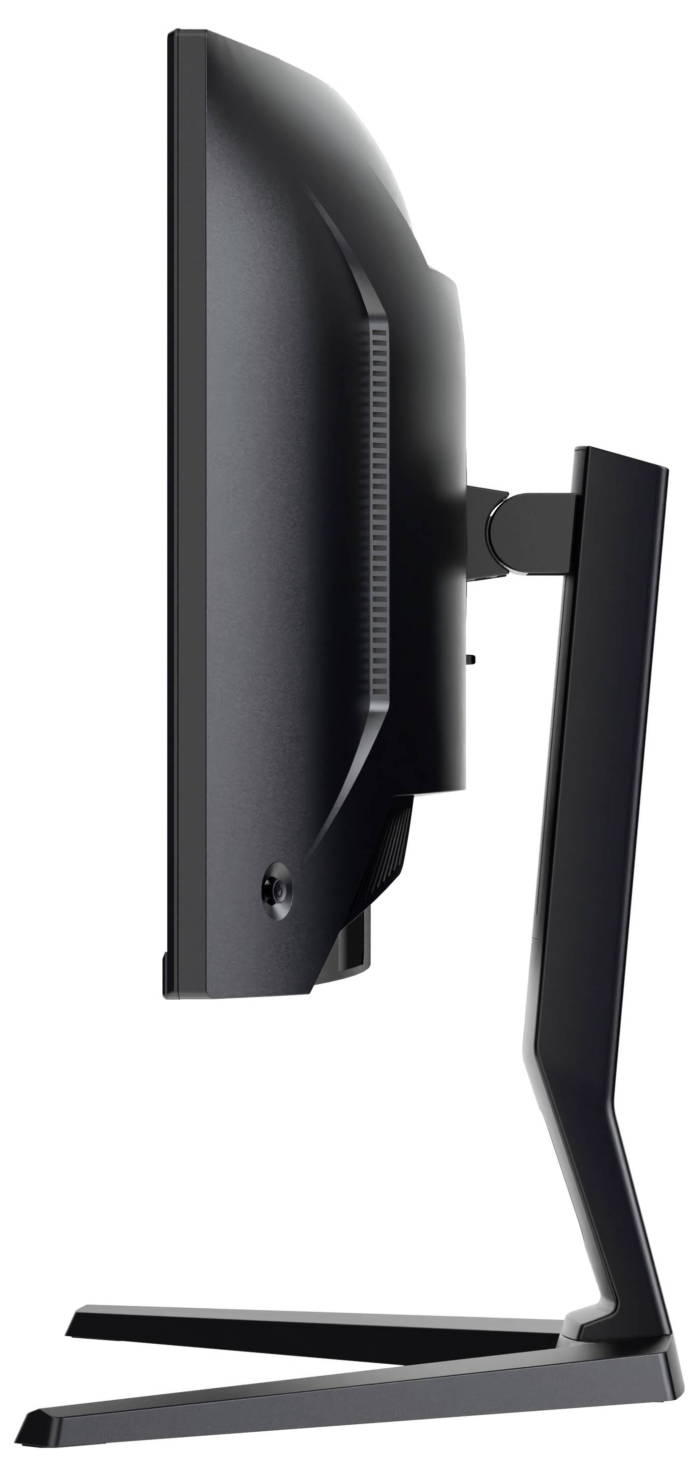 Zijaanzicht van een slanke, moderne computermonitor op een standaard, die het dunne profiel en minimalistische ontwerp benadrukt.