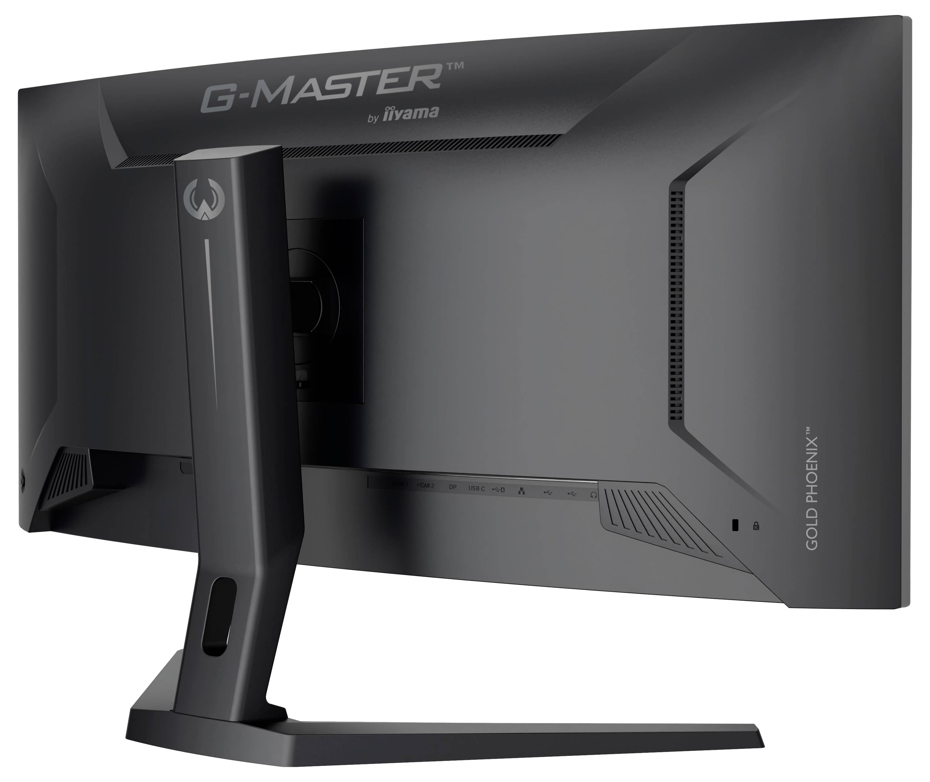 De afbeelding toont de achterkant van een zwarte breedbeeldcomputerscherm, gelabeld met 'G-MASTER' en 'Gold Phoenix' naast de standaard.