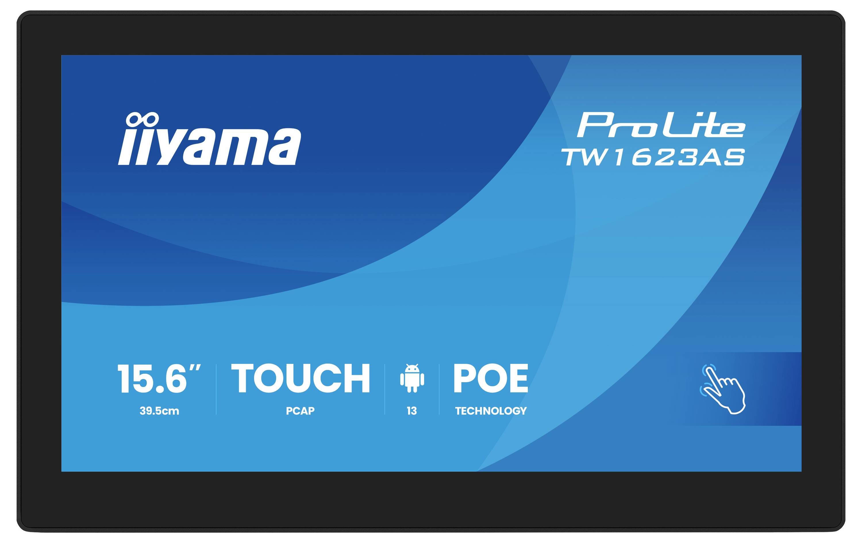'ProLite TW1623AS' aanraakmonitor met 15,6" scherm, PCAP-aanraaaktechnologie en POE-functie, weergegeven in een productafbeelding.