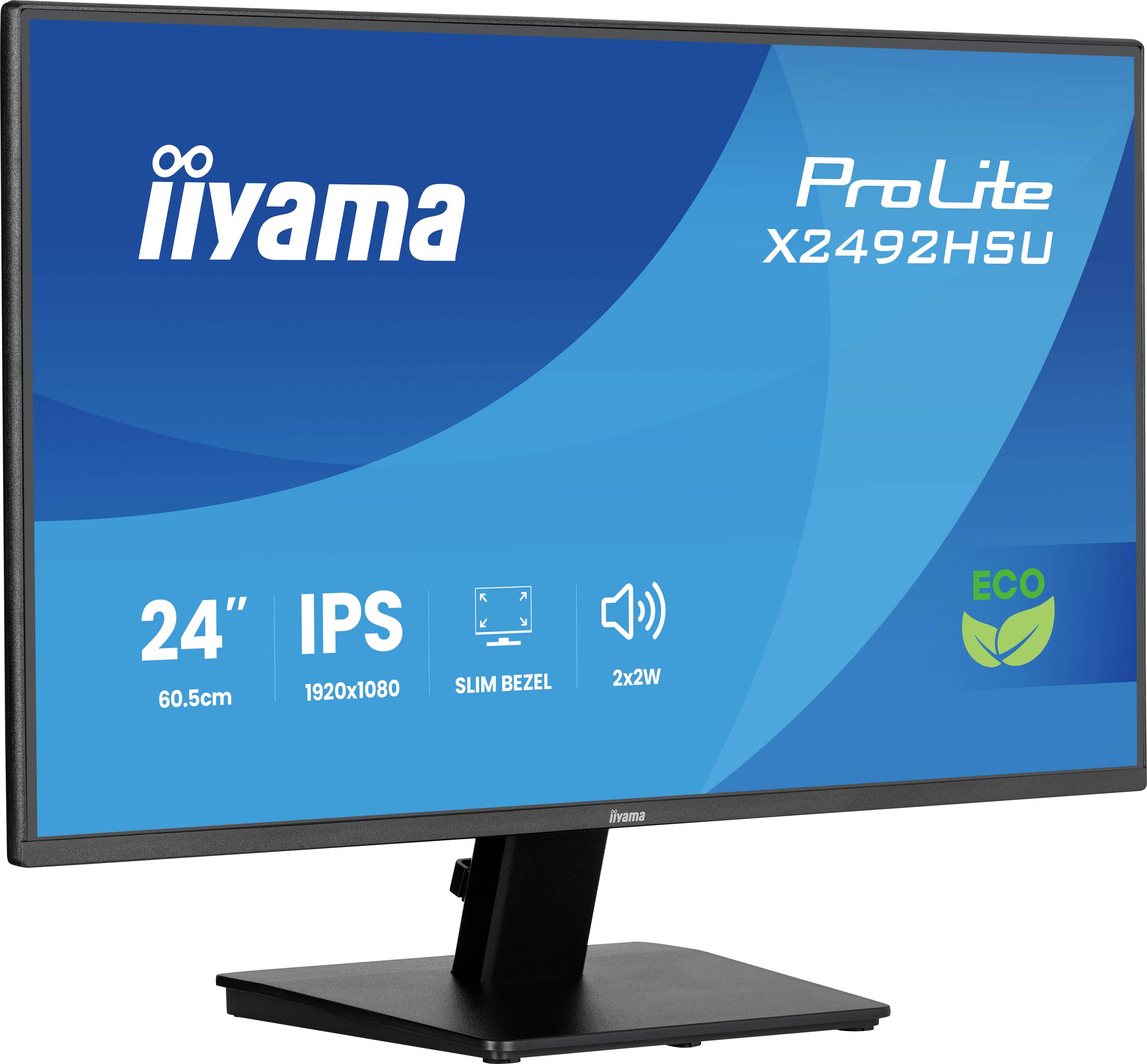 'Iiyama ProLite X2492HSU' monitor beschikt over een 24-inch IPS-display, 1920x1080 resolutie, smal kader, 2x2W speakers en ECO-modus.