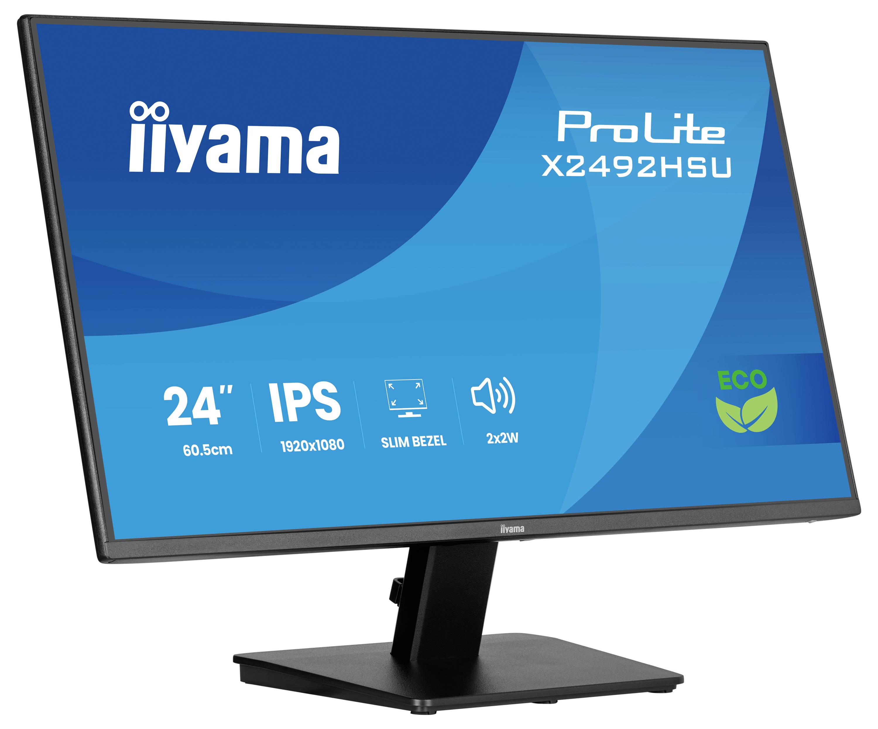 'iiyama ProLite X2492HSU monitor, 24-inch, 1920x1080 resolutie, IPS-display met smal frame, milieuvriendelijk, 22W stroomverbruik.'