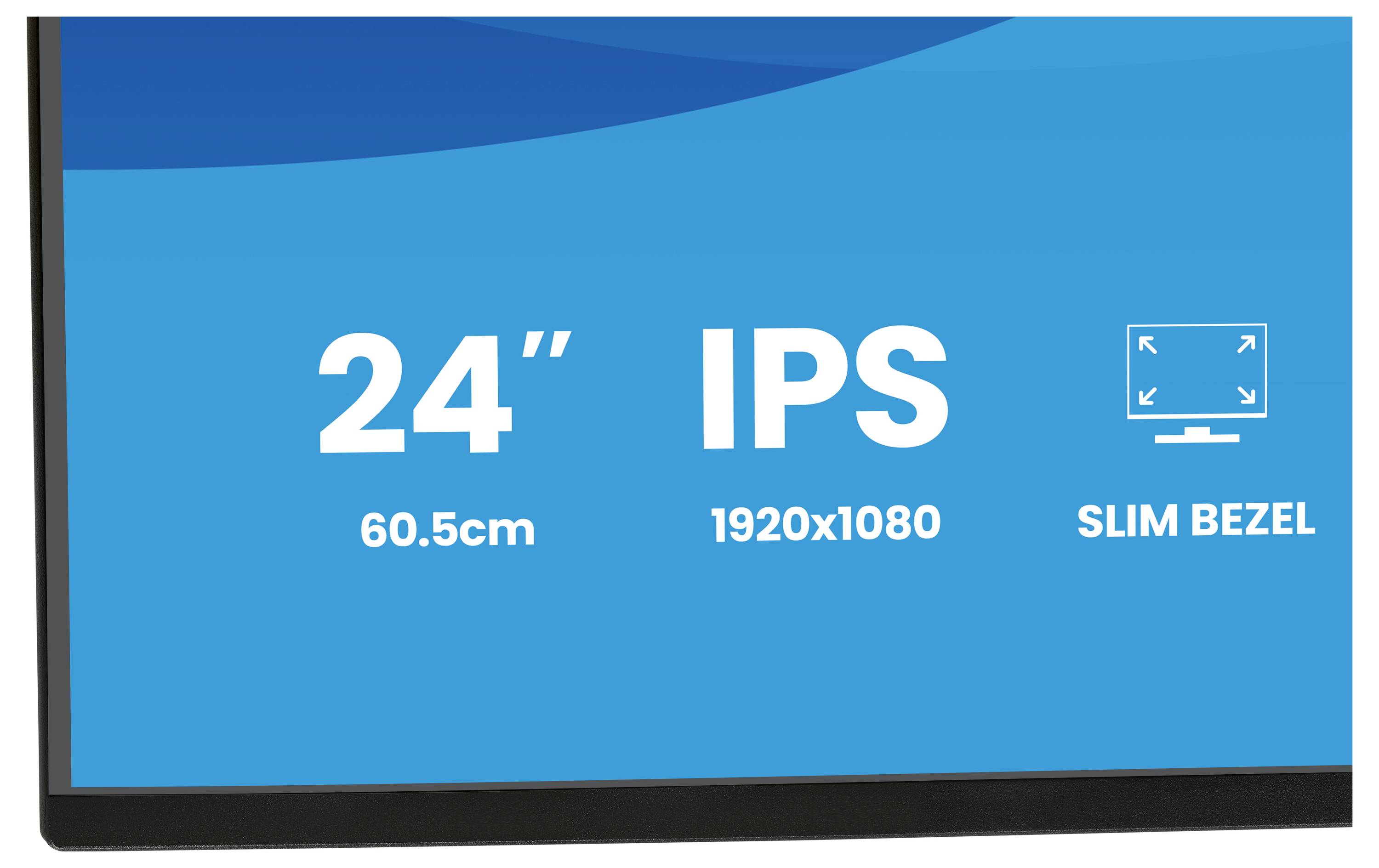 '24", 60,5cm, IPS, 1920x1080, Slim Bezel' tekst op een blauwe en zwarte achtergrond, waarbij monitorspecificaties worden gemarkeerd.