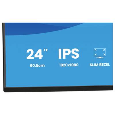 '24", 60,5cm, IPS, 1920x1080, Slim Bezel' tekst op een blauwe en zwarte achtergrond, waarbij monitorspecificaties worden gemarkeerd.