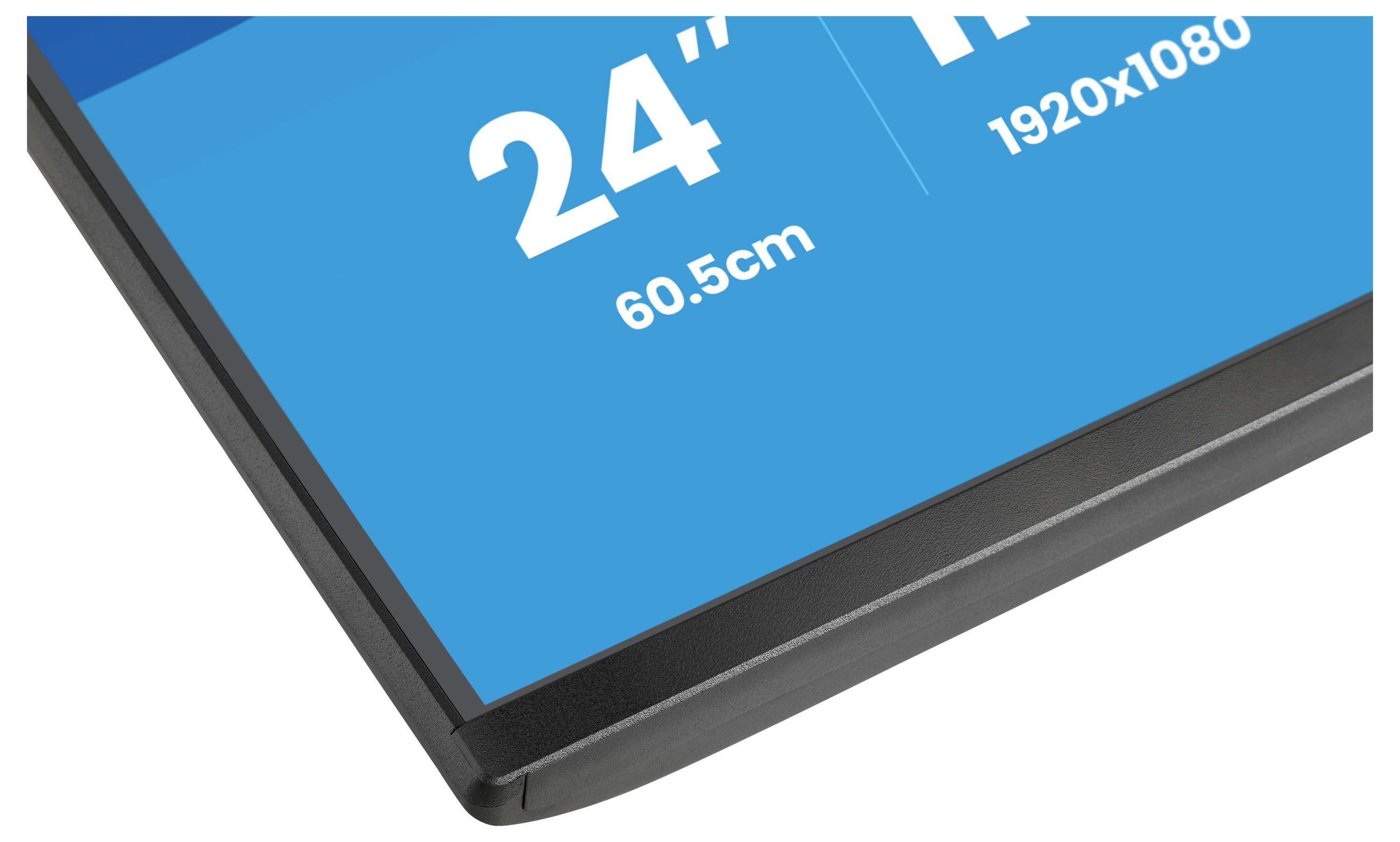 'Close-up van een monithoek met specificaties: 24-inch, 60,5 cm, 1920x1080 resolutie'