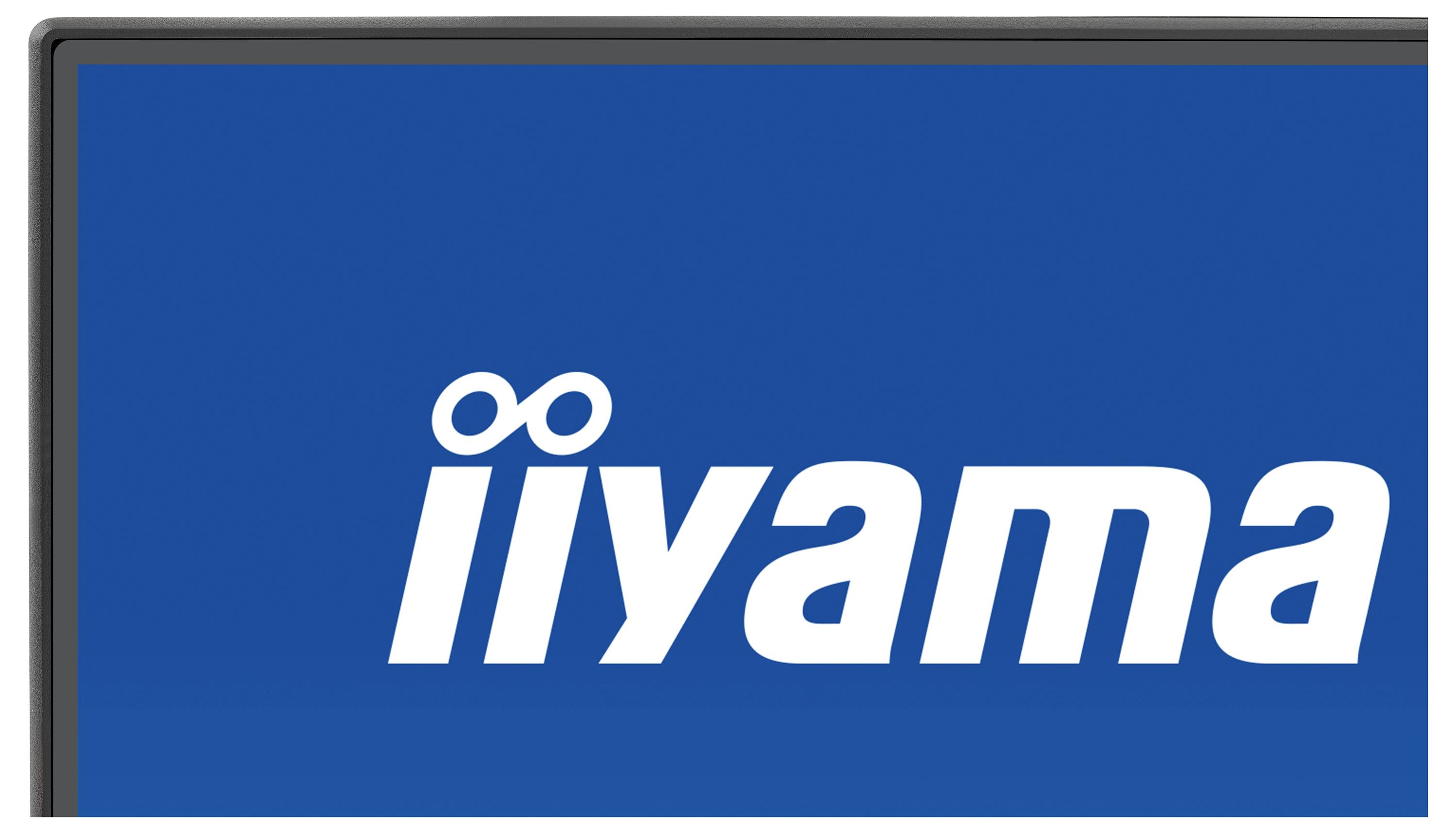 Een scherm met het 'iiyama'-logo op een blauwe achtergrond.