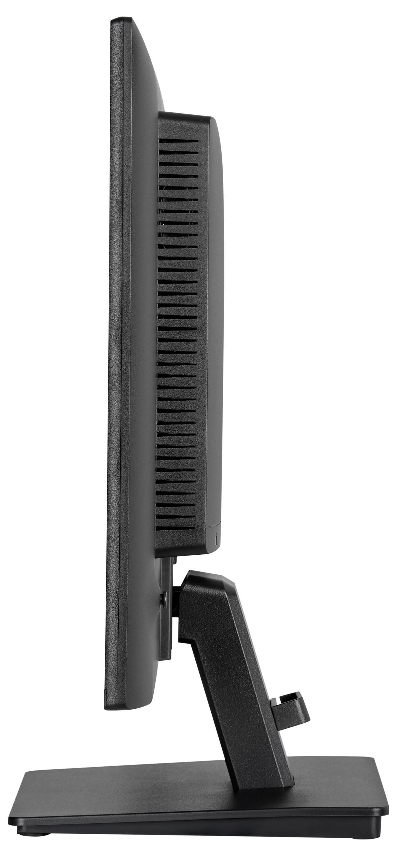 Een zijaanzicht van een slanke, zwarte computermonitor op een standaard, dat het dunne profiel en minimale ontwerp benadrukt.