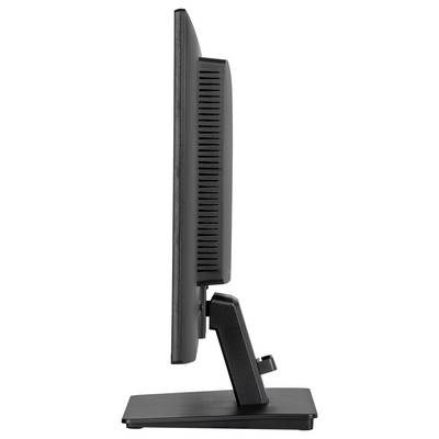 Een zijaanzicht van een slanke, zwarte computermonitor op een standaard, dat het dunne profiel en minimale ontwerp benadrukt.