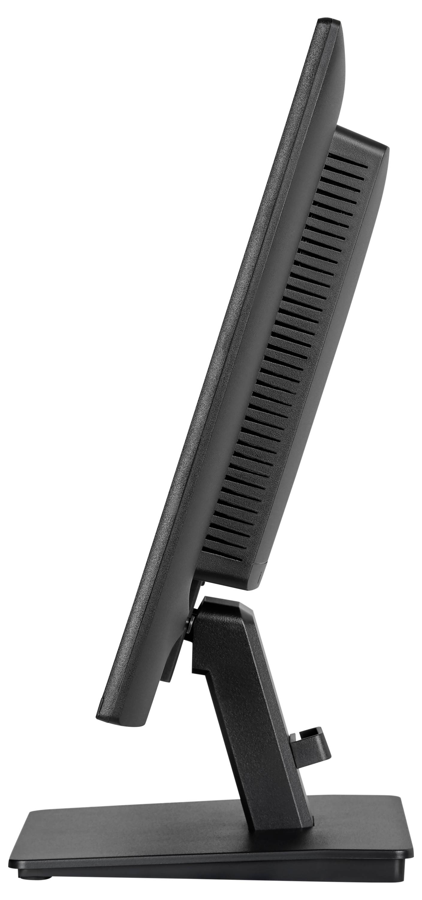Een zijaanzicht van een flatscreen-computermonitor met zwart frame, gepositioneerd op een standaard, waarbij het slanke profiel duidelijk zichtbaar is.