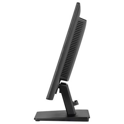 Een zijaanzicht van een flatscreen-computermonitor met zwart frame, gepositioneerd op een standaard, waarbij het slanke profiel duidelijk zichtbaar is.