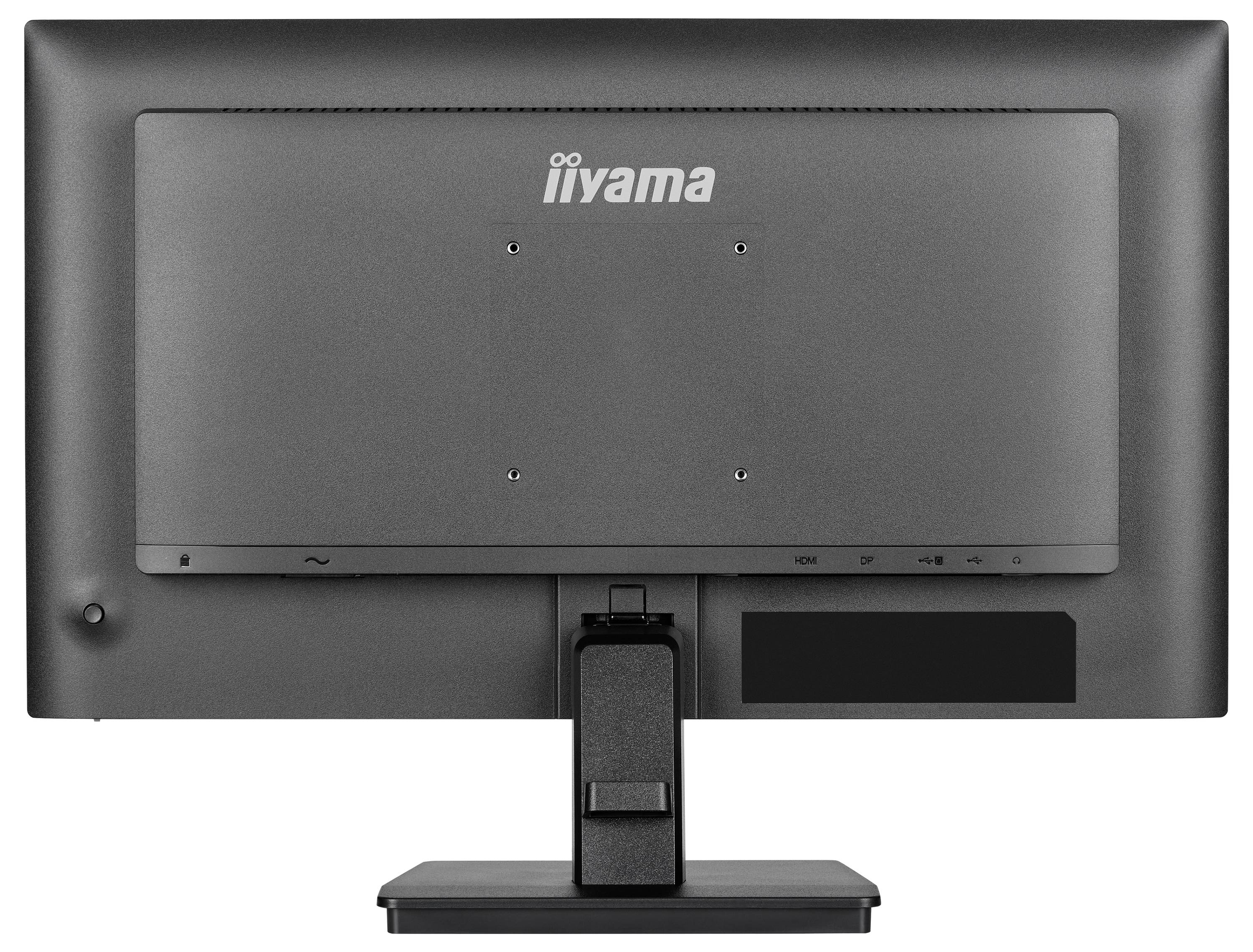 De afbeelding toont de achterkant van een grijze computermonitor met het merklogo. De standaard is zichtbaar, met basale bedieningsknoppen op de achterkant.