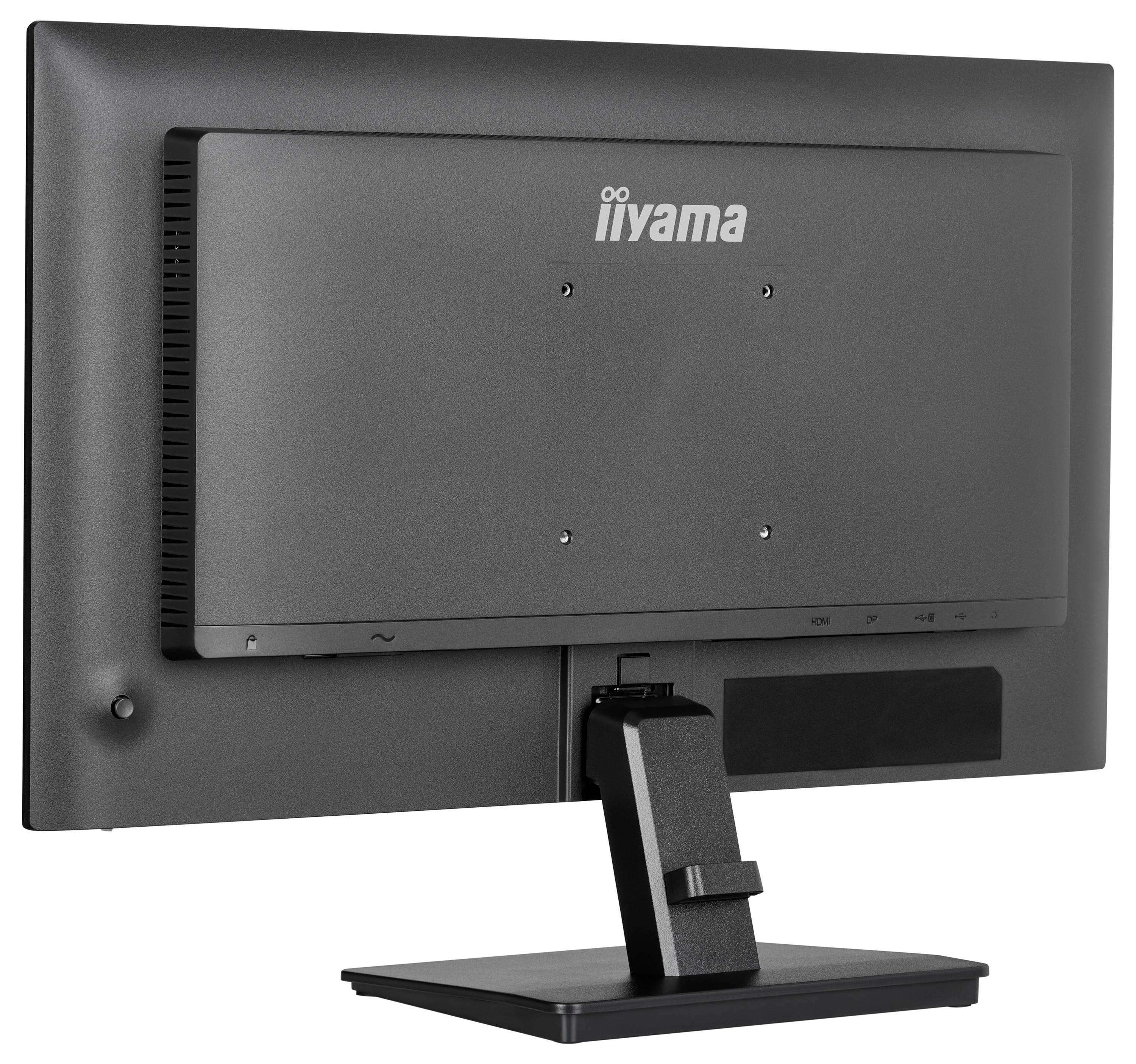 'Achteraanzicht van een zwarte iiyama computermonitor op een standaard, met zichtbare poorten en bevestigingssleufjes op het achterpaneel.'