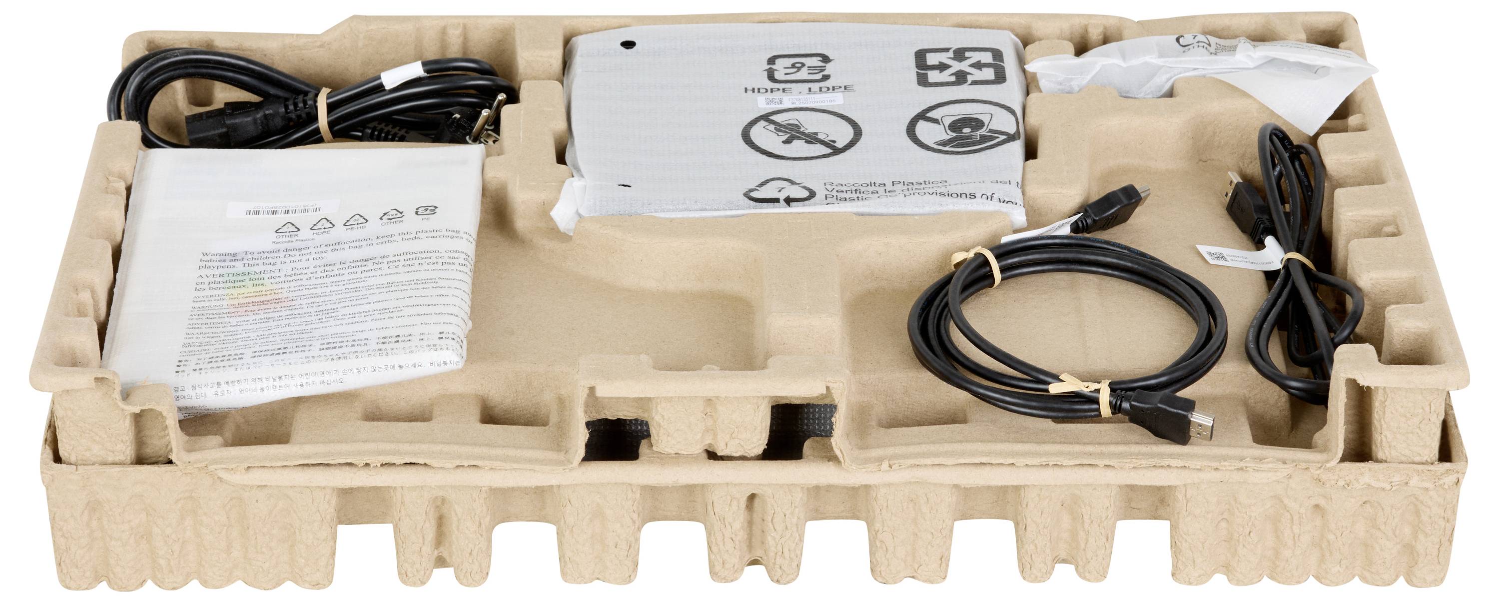 Een kartonnen dienblad bevat verschillende kabels en documenten, waaronder een stroomkabel, HDMI-kabel, USB-kabel en een gebruikershandleiding voor elektronische installatie.